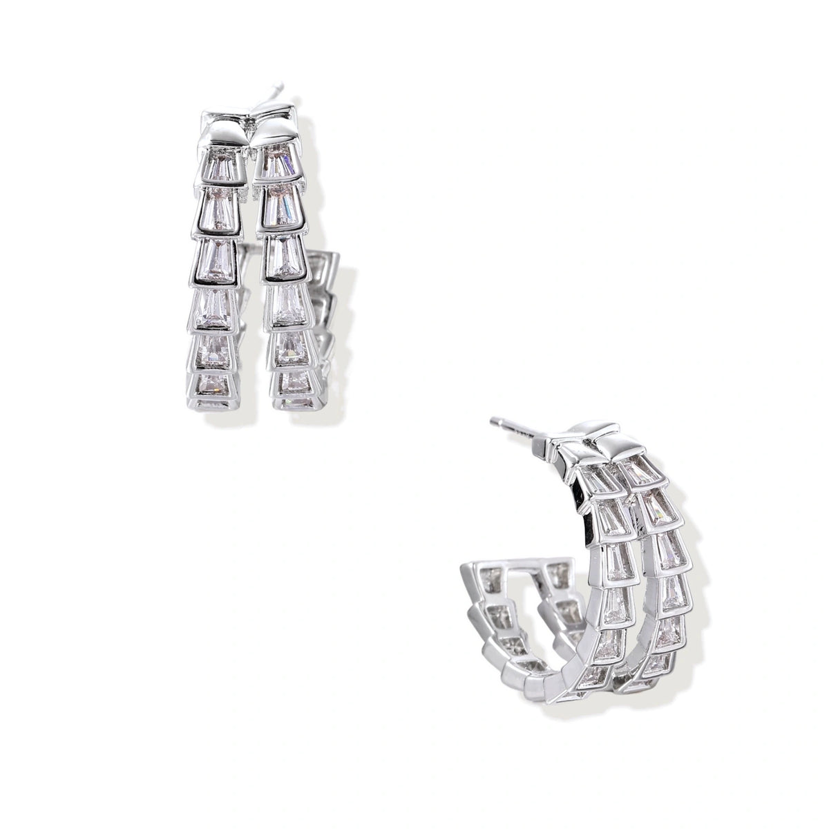 Baguette Zirconia Hoop Earrings – White Gold-Plated