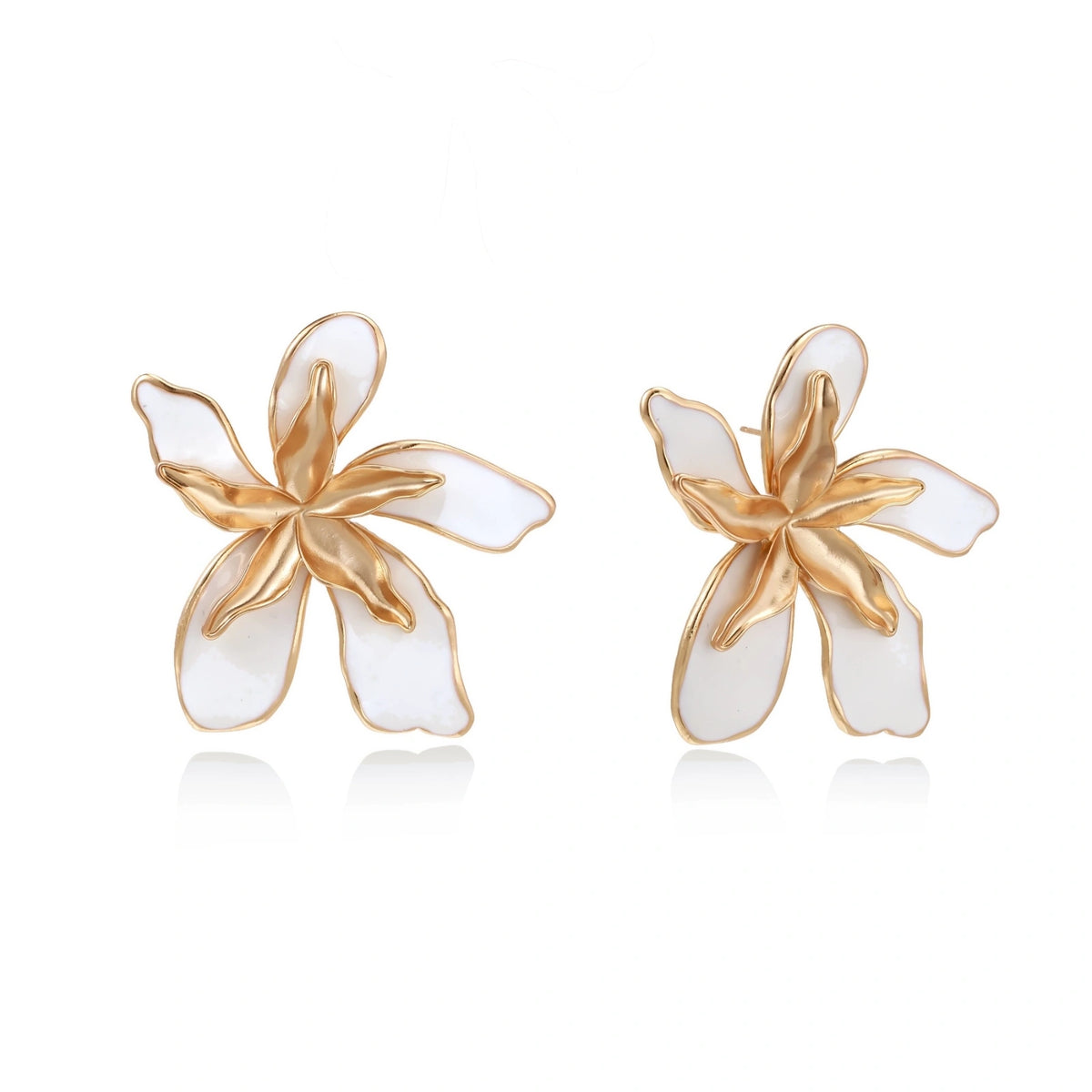 White Enamel Lily Statement Earrings – 18K Gold-Plated