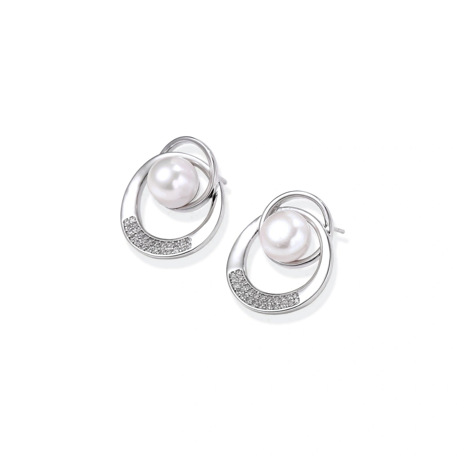 White gold-plated brass earrings with circular design, freshwater pearl center, and diamond accents