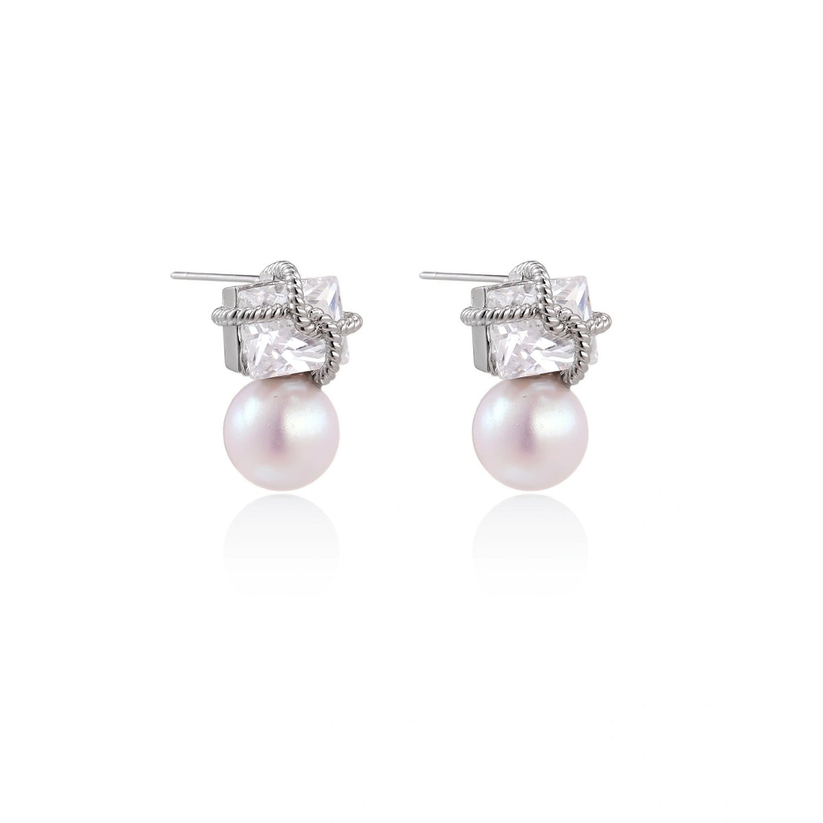White gold stud earrings with square crystal stones in twisted frames and pink freshwater pearl drops below