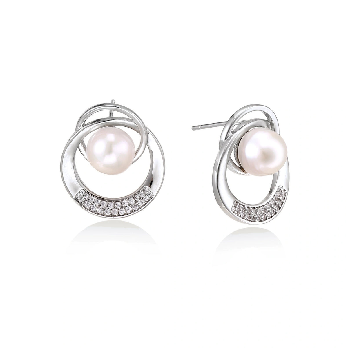 Freshwater Pearl Orbit Stud Earrings – White Gold-Plated