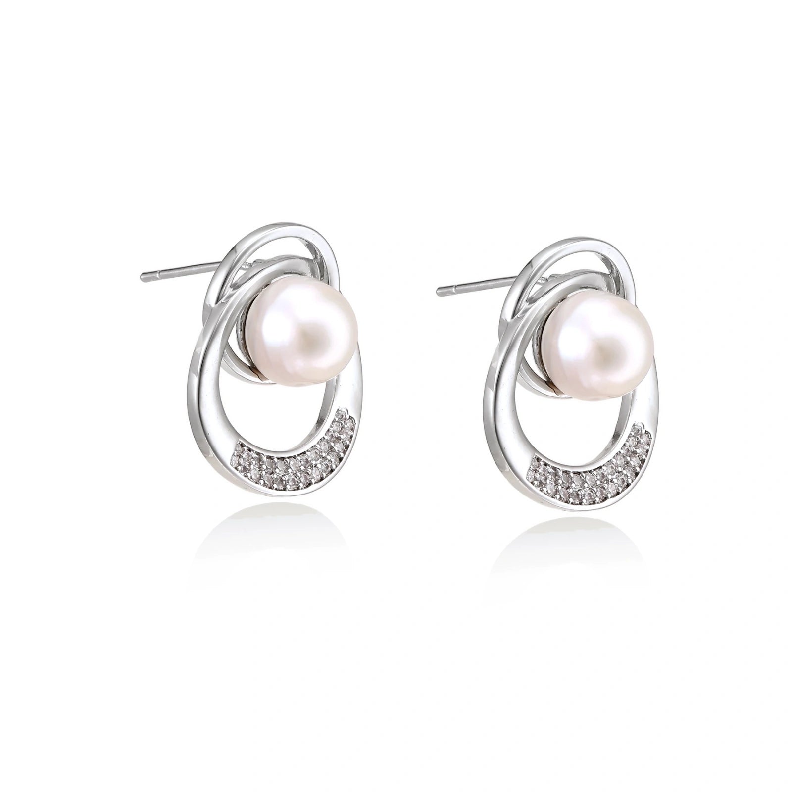 White gold-plated brass earrings with circular design, freshwater pearl center, and diamond accents