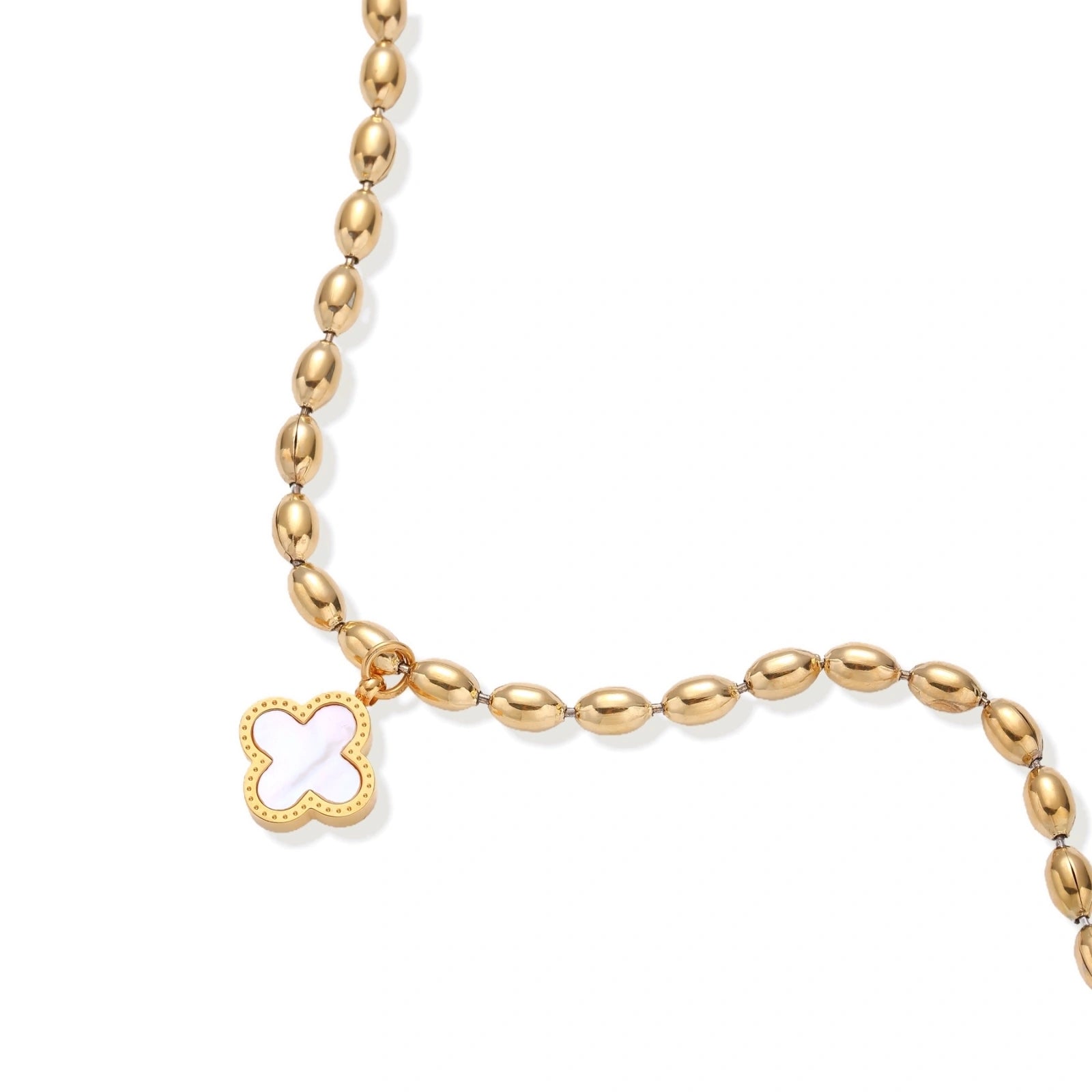 Lucky Clover Beaded Bracelet — gold-plated bead chain with mother of pearl clover charm