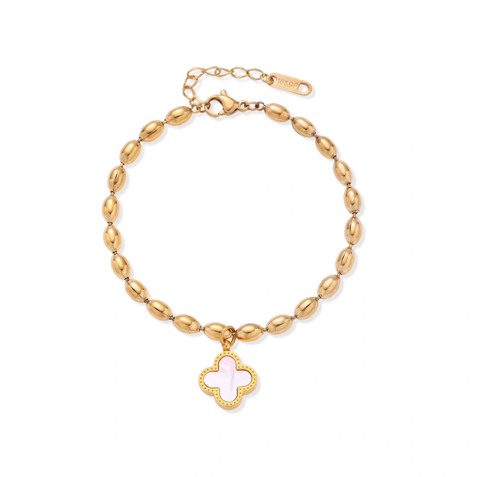 Lucky Clover Beaded Bracelet — gold-plated bead chain with mother of pearl clover charm