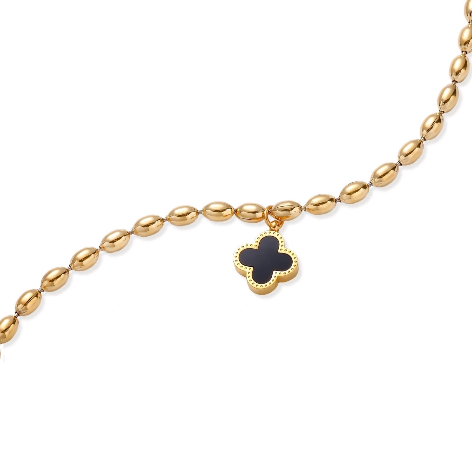 Lucky Clover Beaded Bracelet — gold-plated bead chain with mother of pearl clover charm