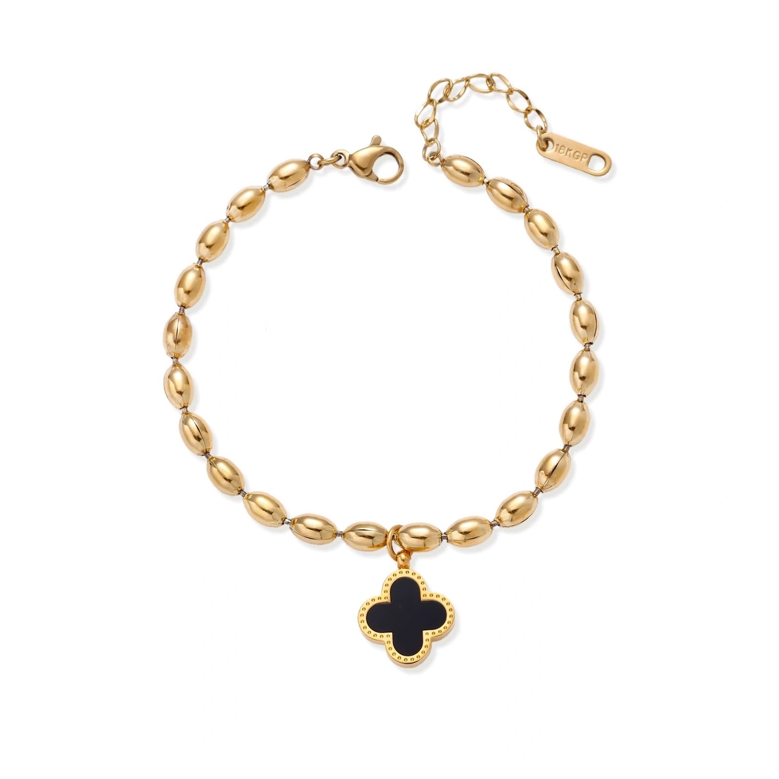 Lucky Clover Beaded Bracelet — gold-plated bead chain with mother of pearl clover charm