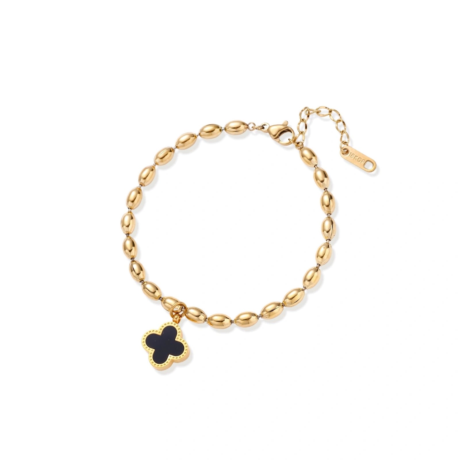 Lucky Clover Beaded Bracelet — gold-plated bead chain with mother of pearl clover charm