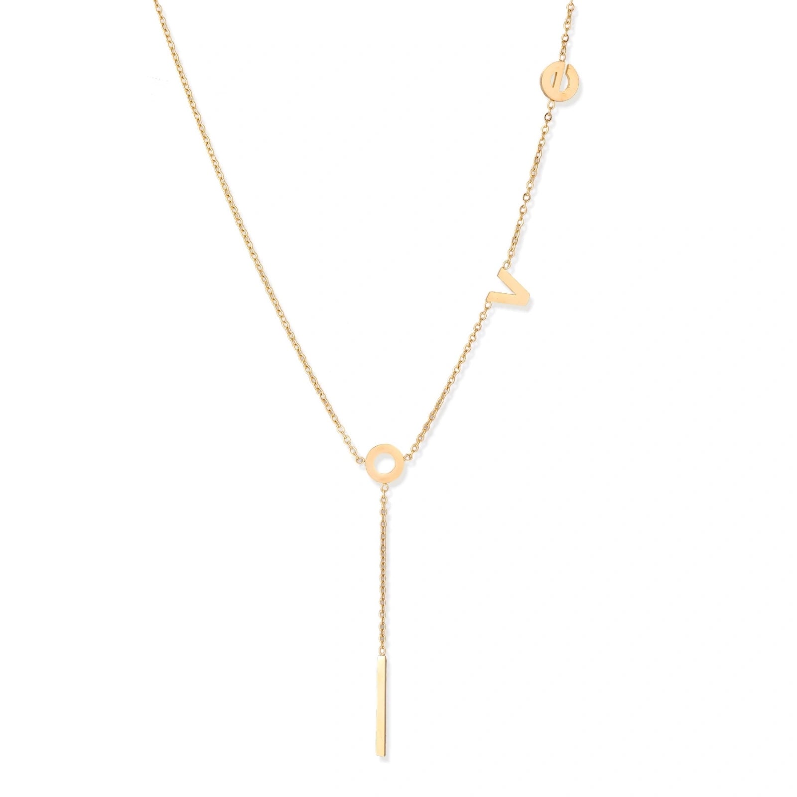 Gold Y-shaped necklace with L-O-V-E letter charms and vertical bar pendant on delicate chain against cream background