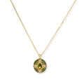 Gold-plated pendant necklace with green enamel background and oval olive cubic zirconia center stone with crystal accents.