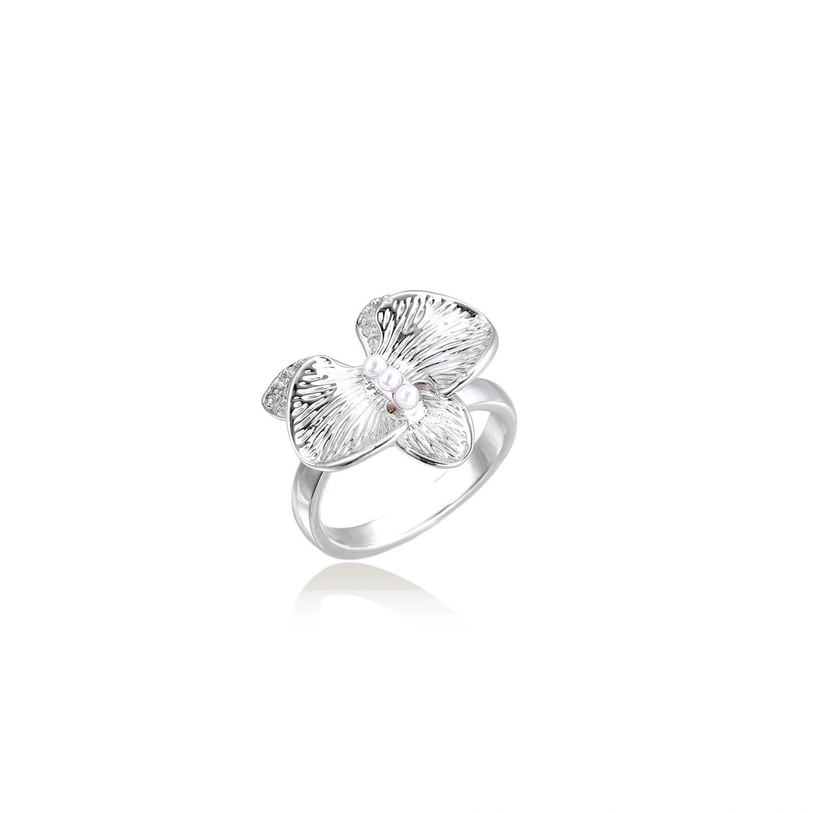 Silver-toned orchid ring with textured petals, pearl center accents, and sparkling zirconia stones on white background.