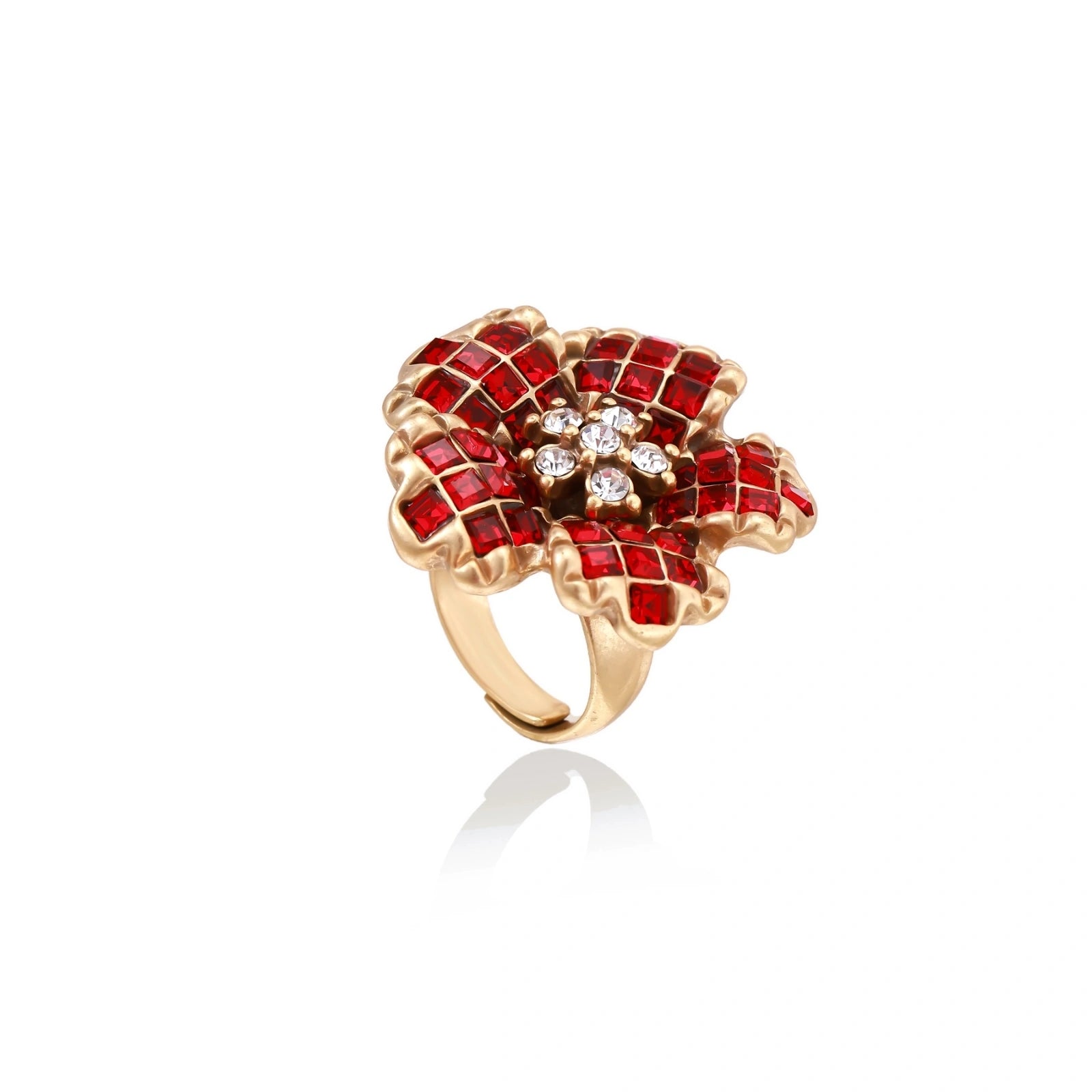 Gold-plated brass ring with red zirconia petals & crystal center in dimensional floral design