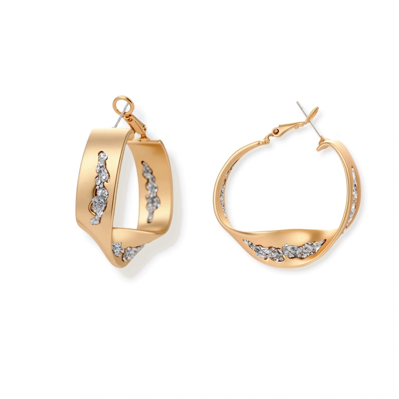 Sculptural wavy hoop earrings with crystal details and organic curved silhouette in gold and silver variants