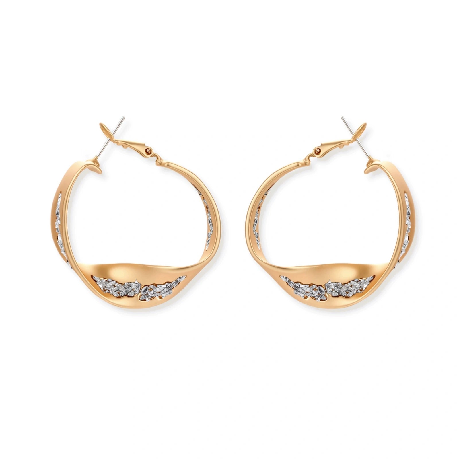 Sculptural wavy hoop earrings with crystal details and organic curved silhouette in gold and silver variants