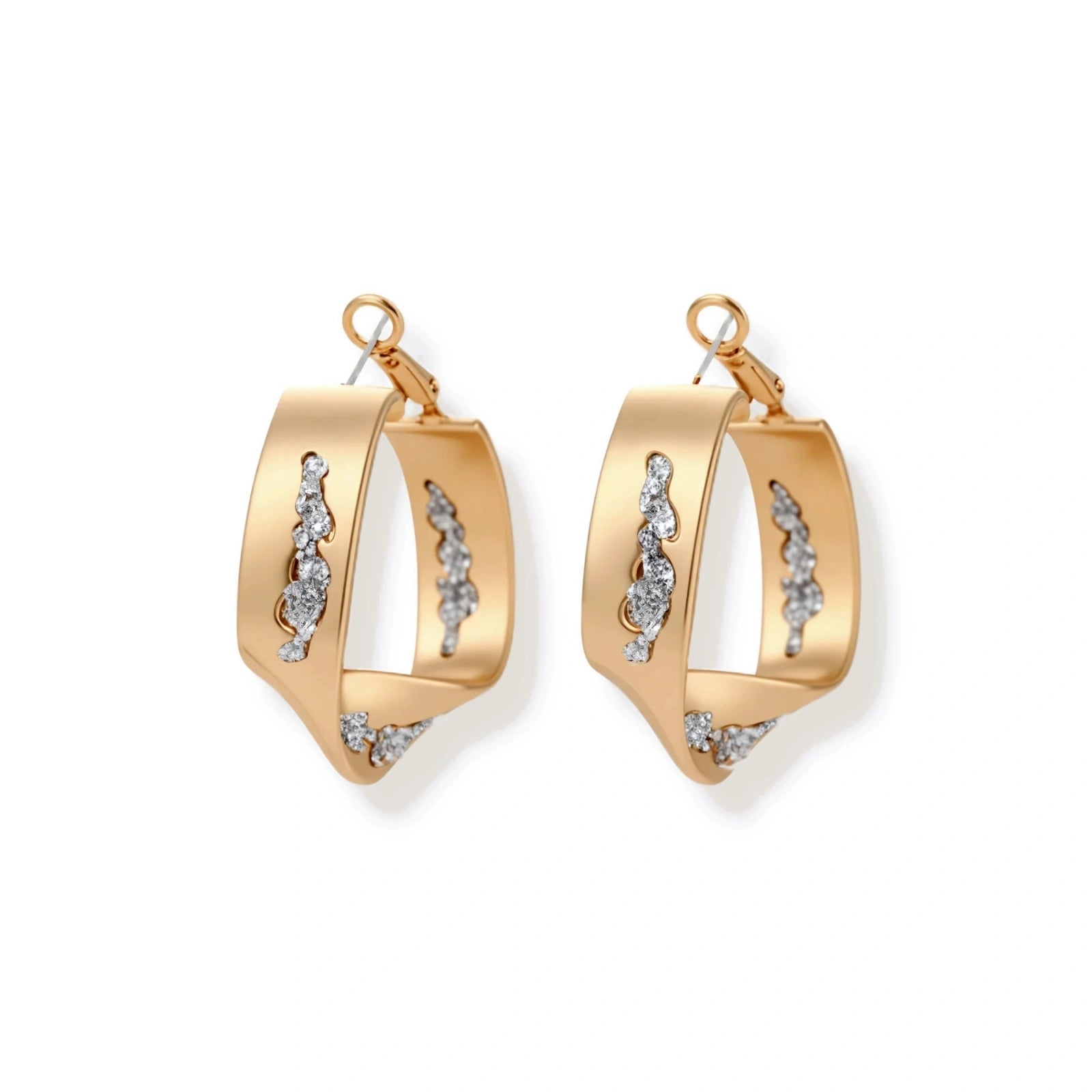 Sculptural wavy hoop earrings with crystal details and organic curved silhouette in gold and silver variants