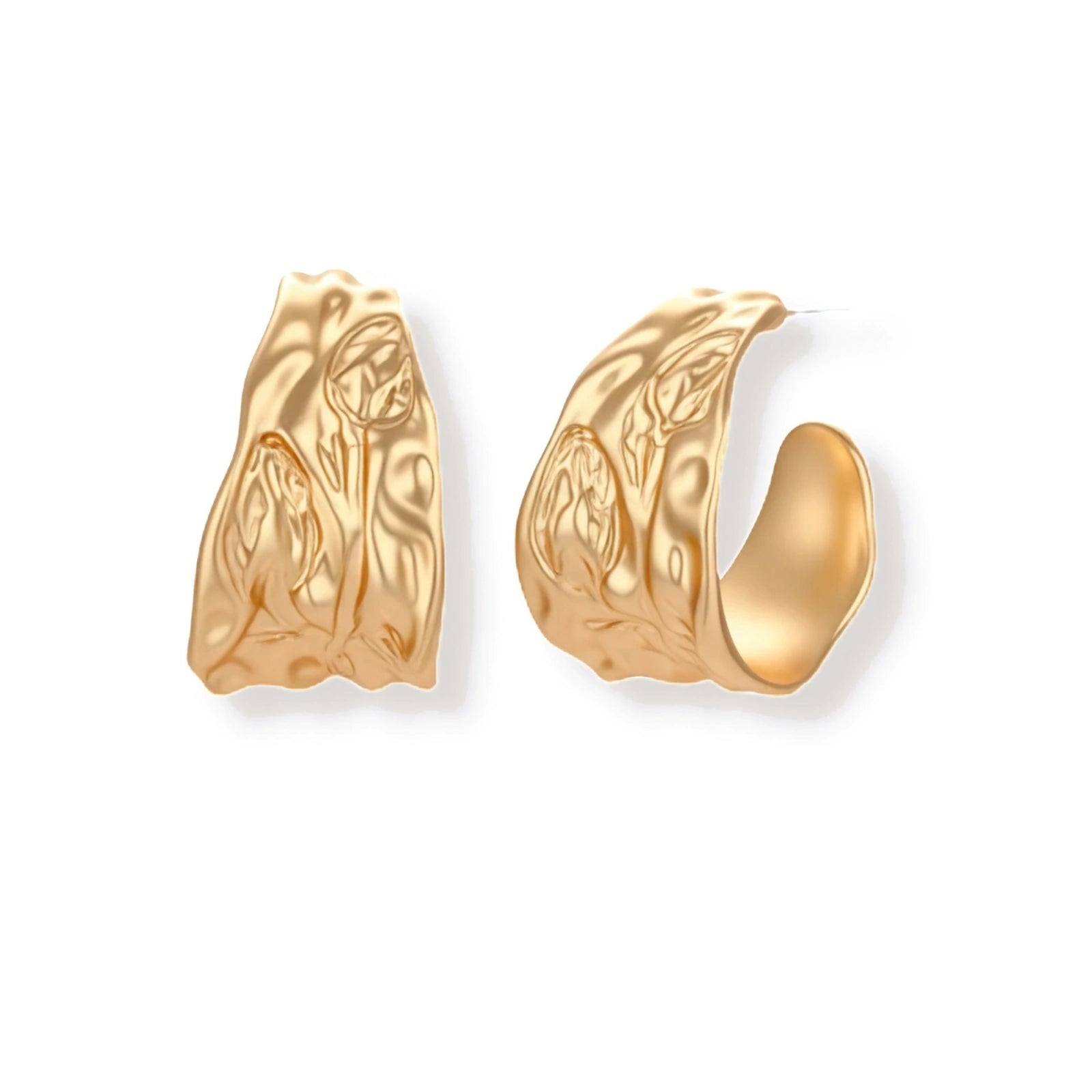 Close-up of textured hoop earrings with liquid metal ripple pattern in eco-zinc alloy with sterling silver posts.