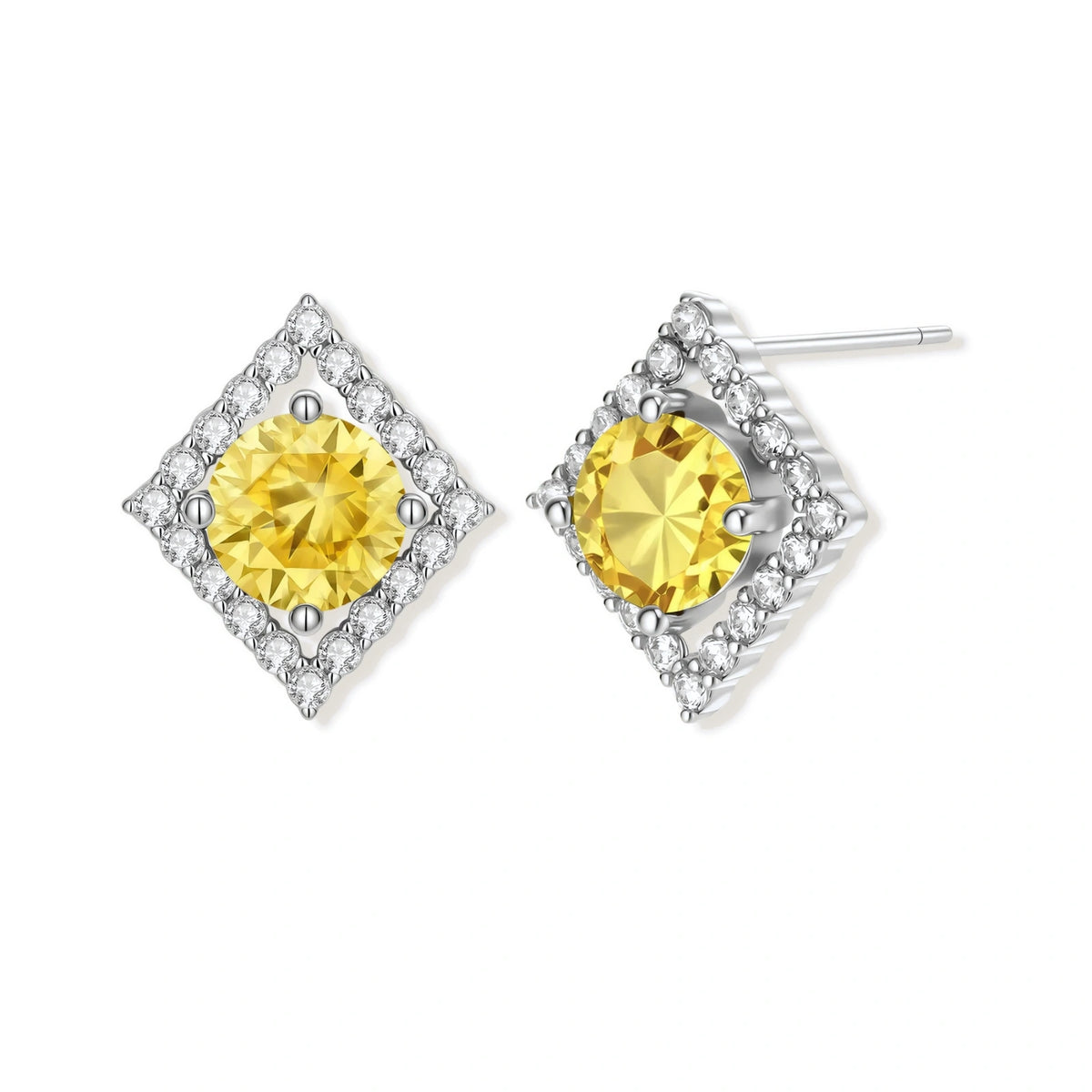 Yellow Moissanite Halo Stud Earrings – Sterling Silver