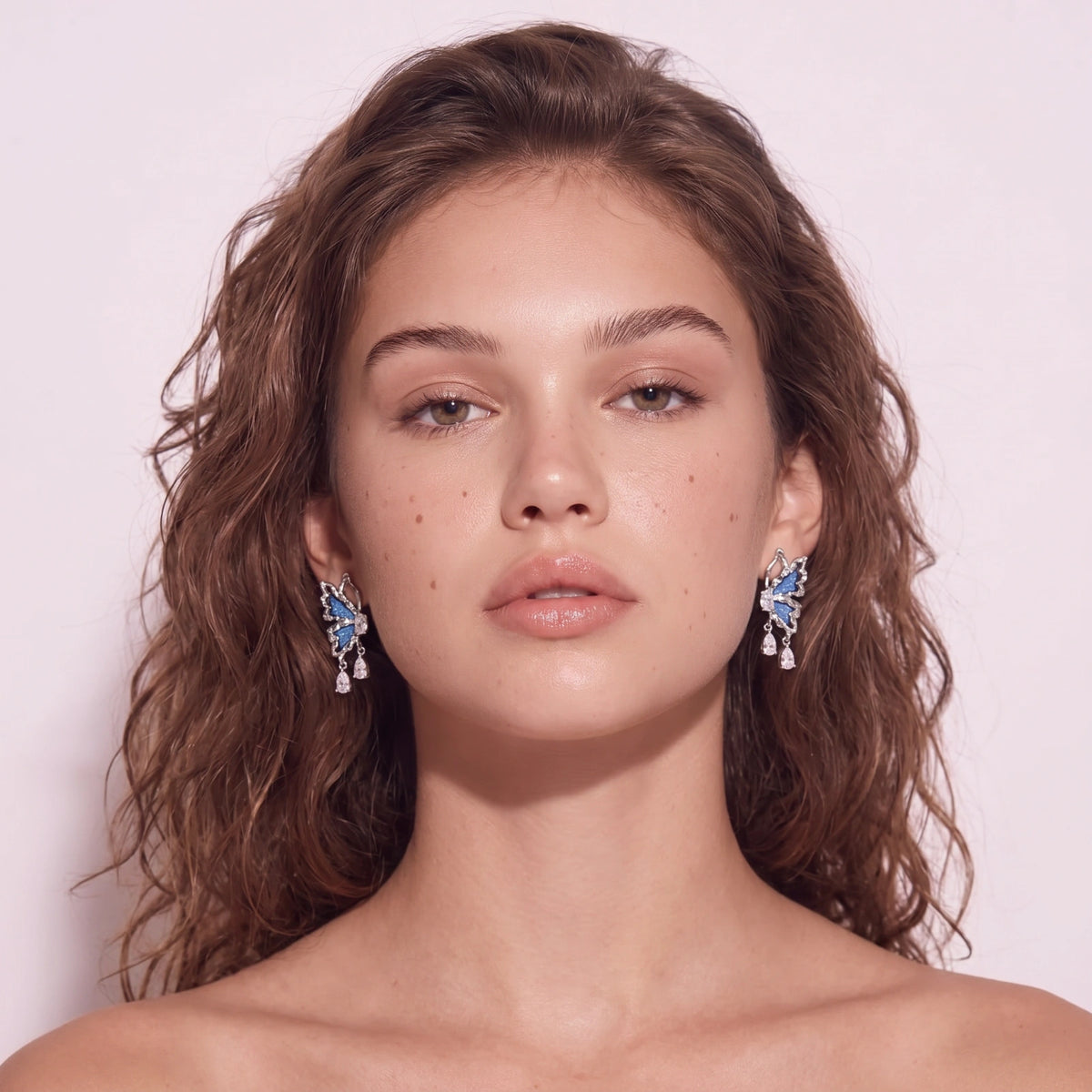 Denim Butterfly Drop Earrings – White Gold-Plated – alternate view 1