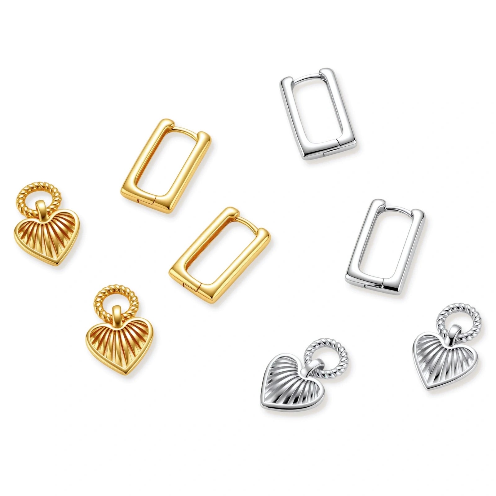 18K gold-plated rectangular huggie hoops with twisted rope ring and ribbed sunray heart charm pendant, on white background.