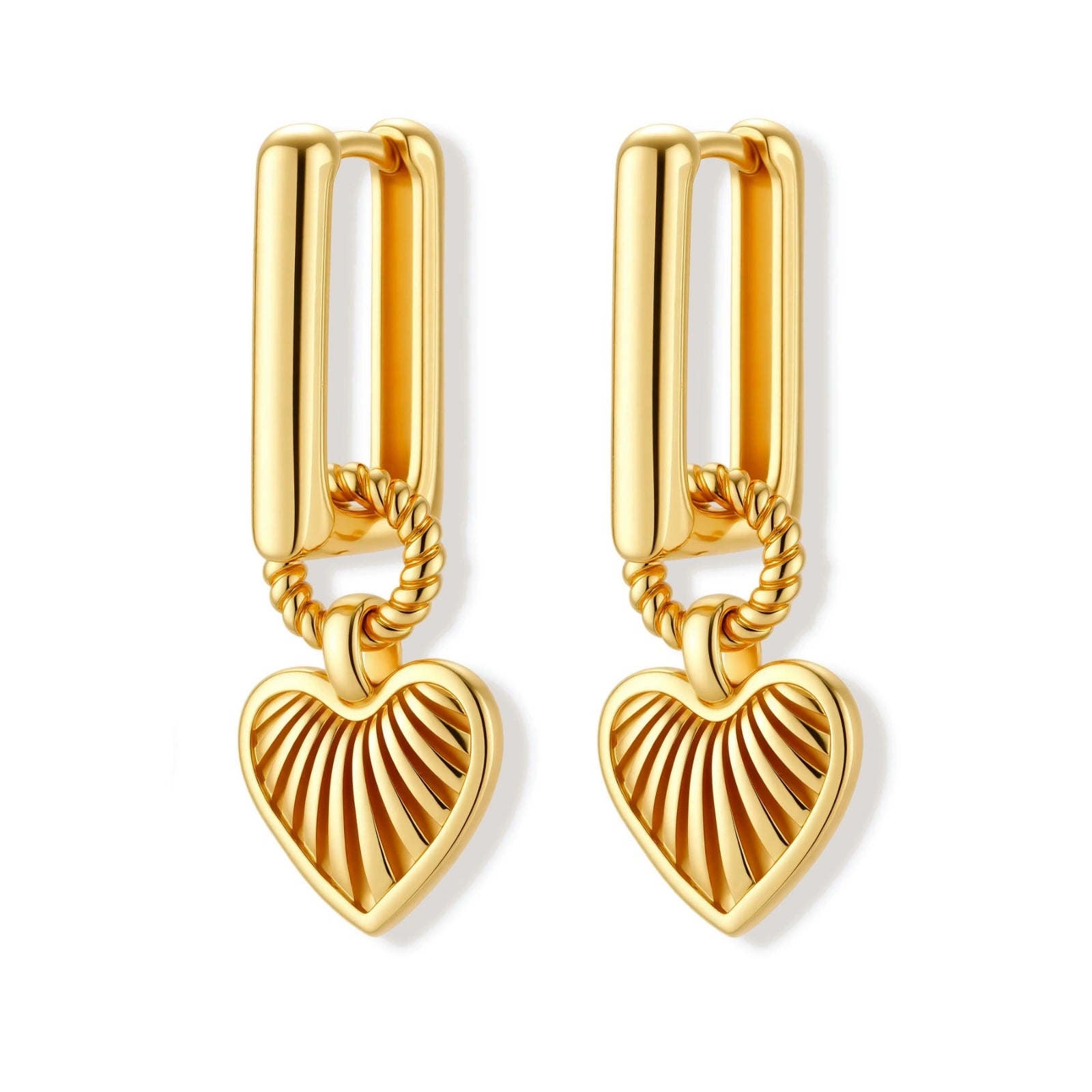 18K gold-plated rectangular huggie hoops with twisted rope ring and ribbed sunray heart charm pendant, on white background.