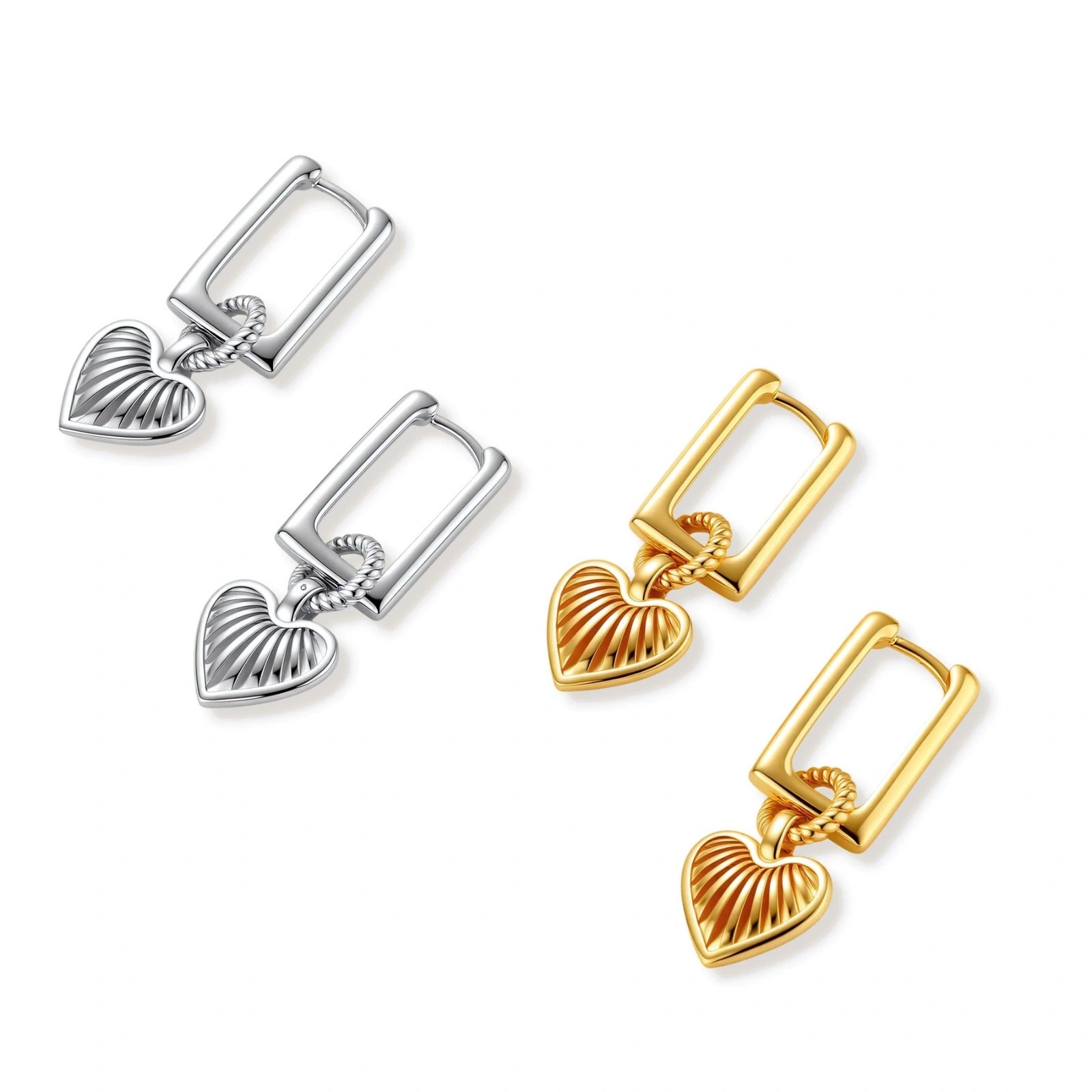 18K gold-plated rectangular huggie hoops with twisted rope ring and ribbed sunray heart charm pendant, on white background.