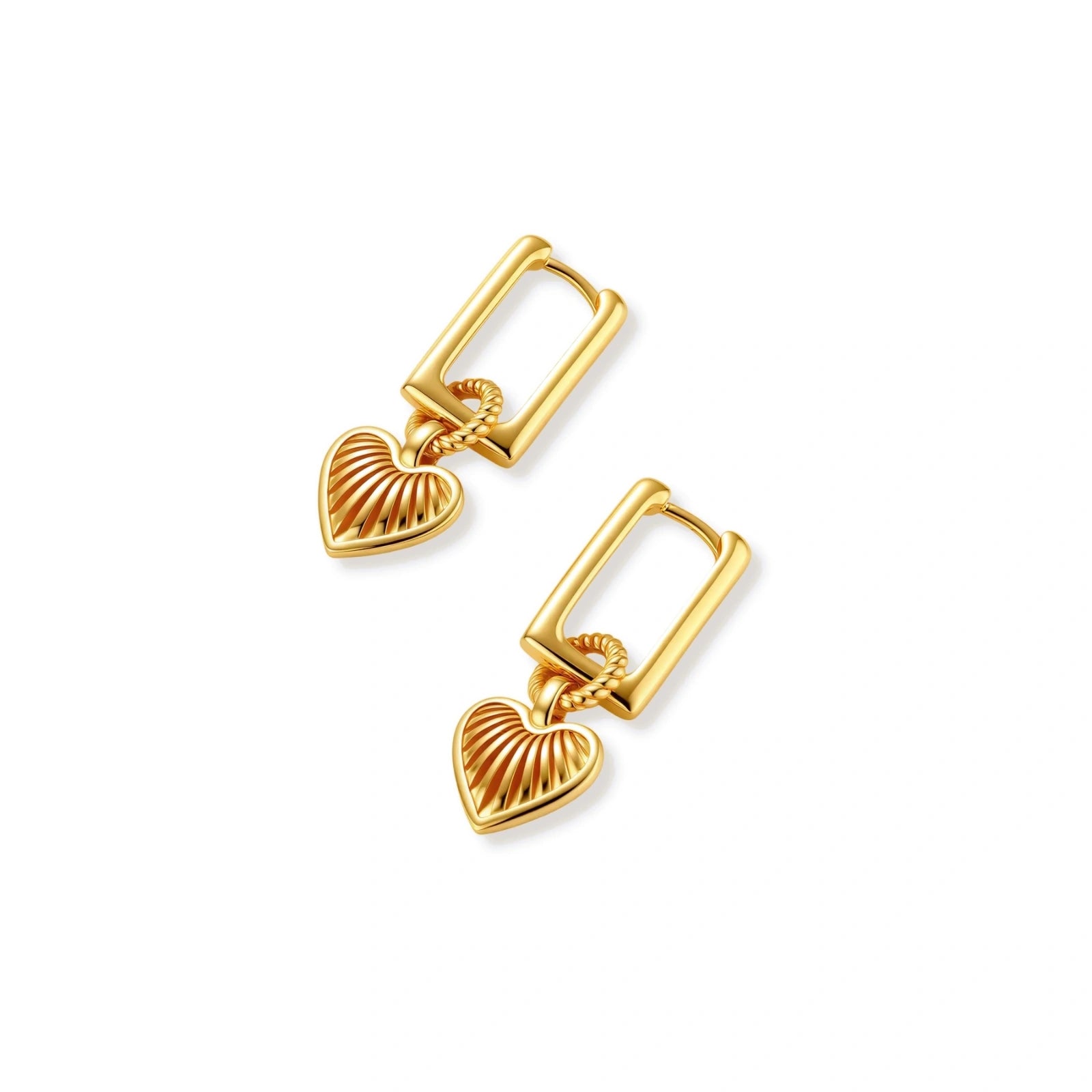 18K gold-plated rectangular huggie hoops with twisted rope ring and ribbed sunray heart charm pendant, on white background.
