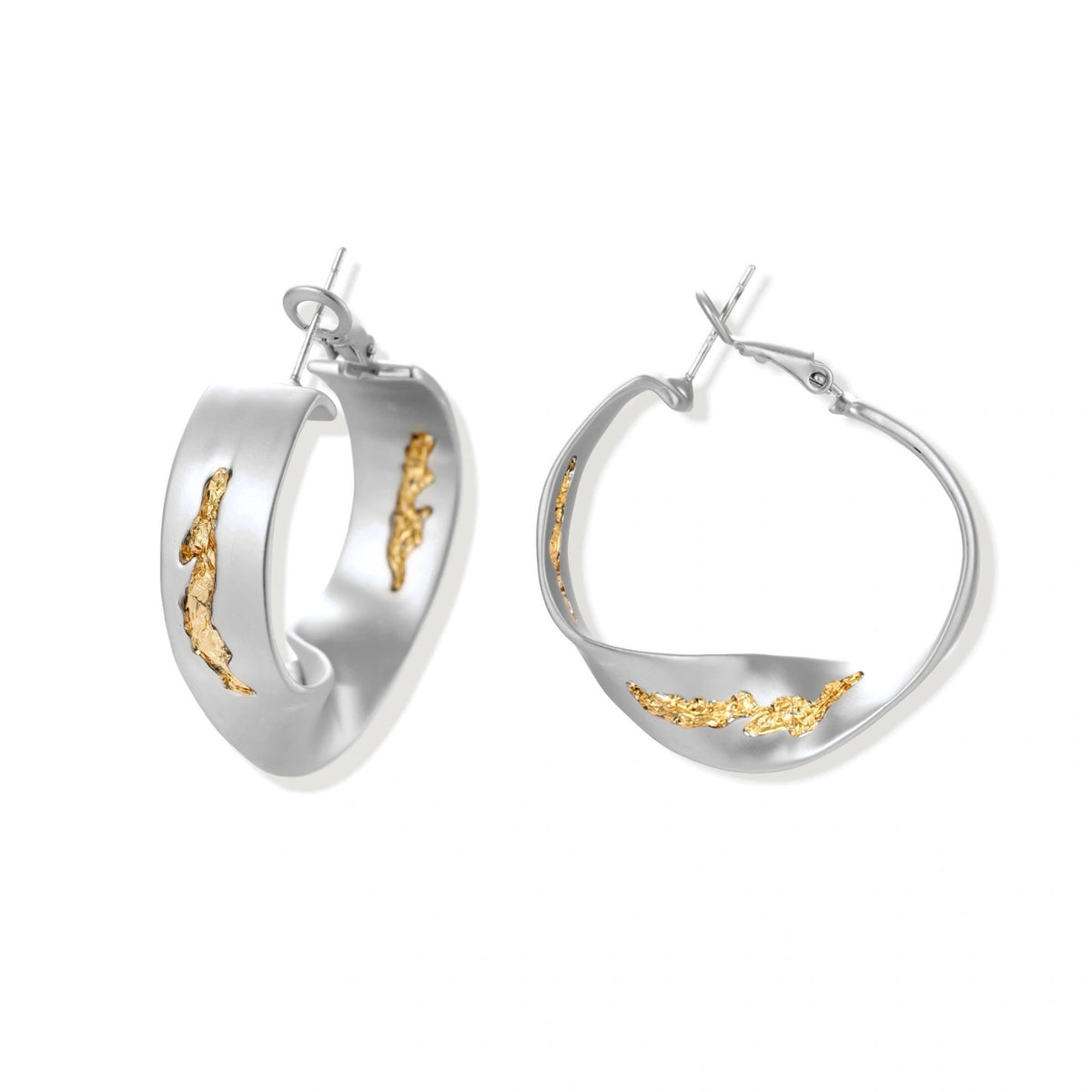 Silver hoop earrings with organic gold flowing accents, featuring eco-zinc alloy construction and secure posts.
