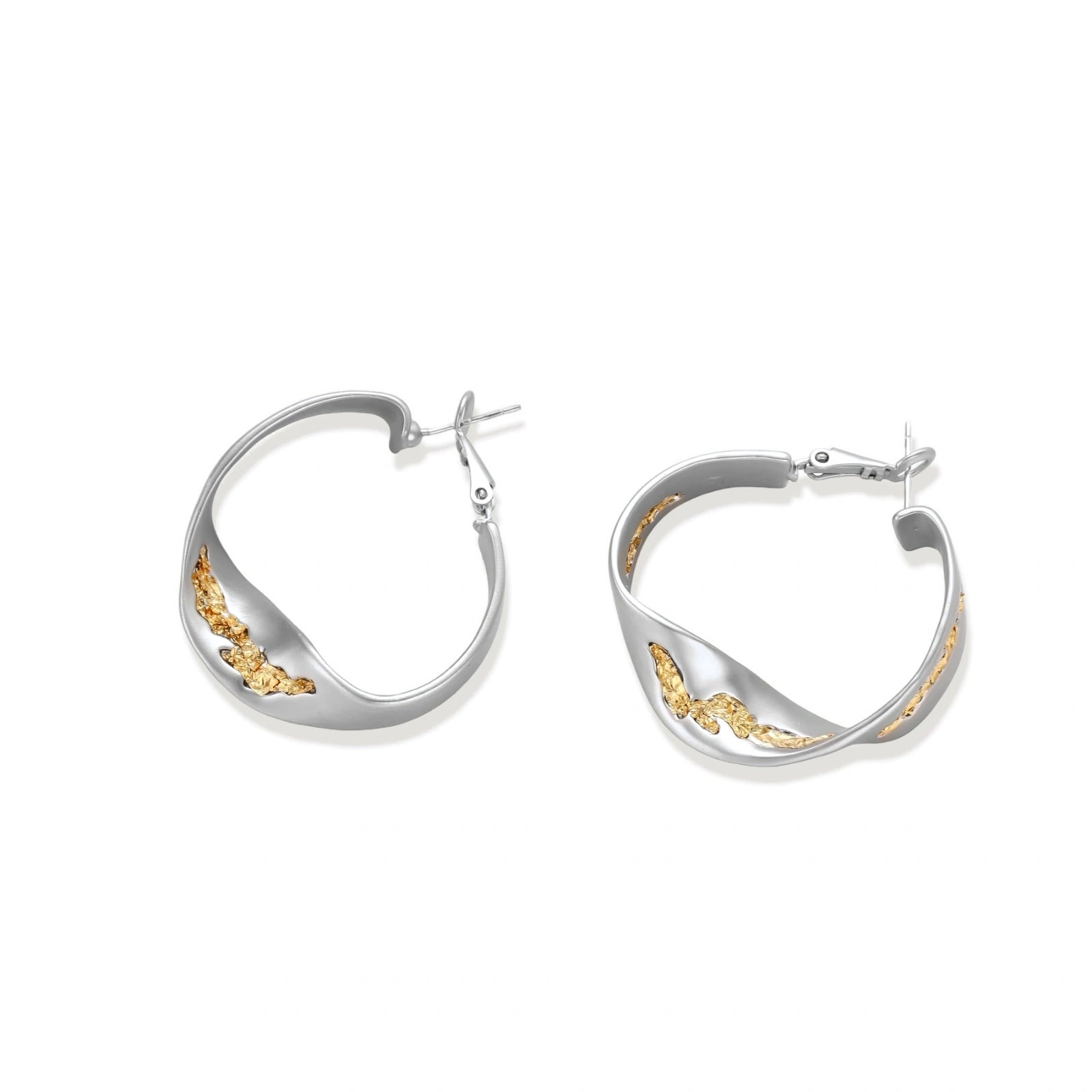 Silver hoop earrings with organic gold flowing accents, featuring eco-zinc alloy construction and secure posts.