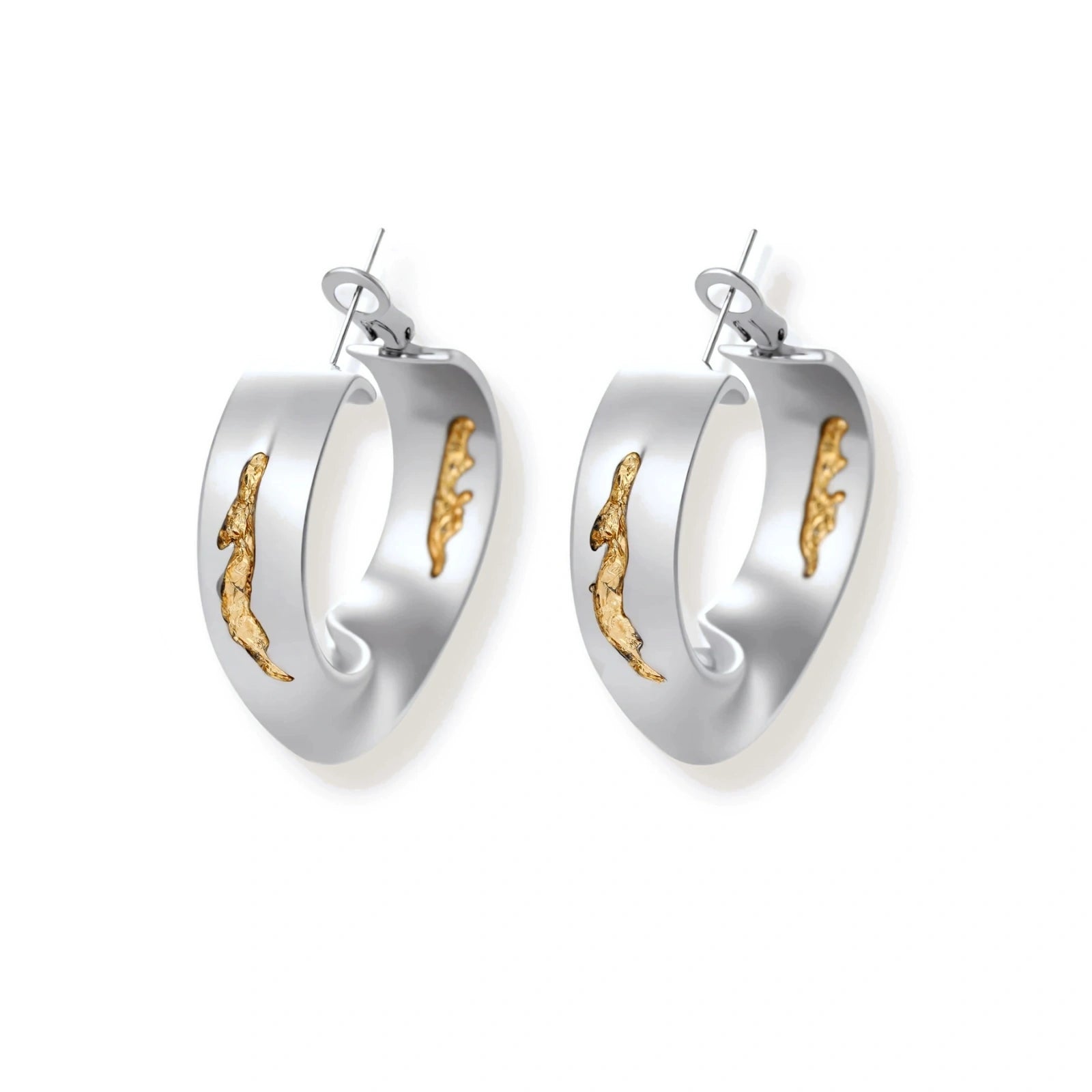 Silver hoop earrings with organic gold flowing accents, featuring eco-zinc alloy construction and secure posts.