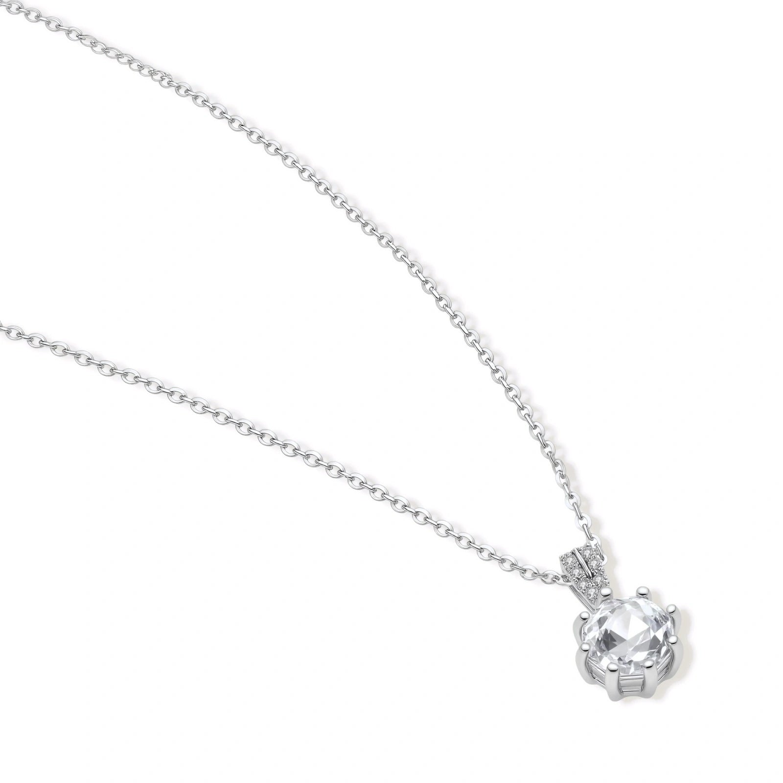 Platinum-plated sterling silver necklace with round clear crystal pendant and decorative bail on neutral background.