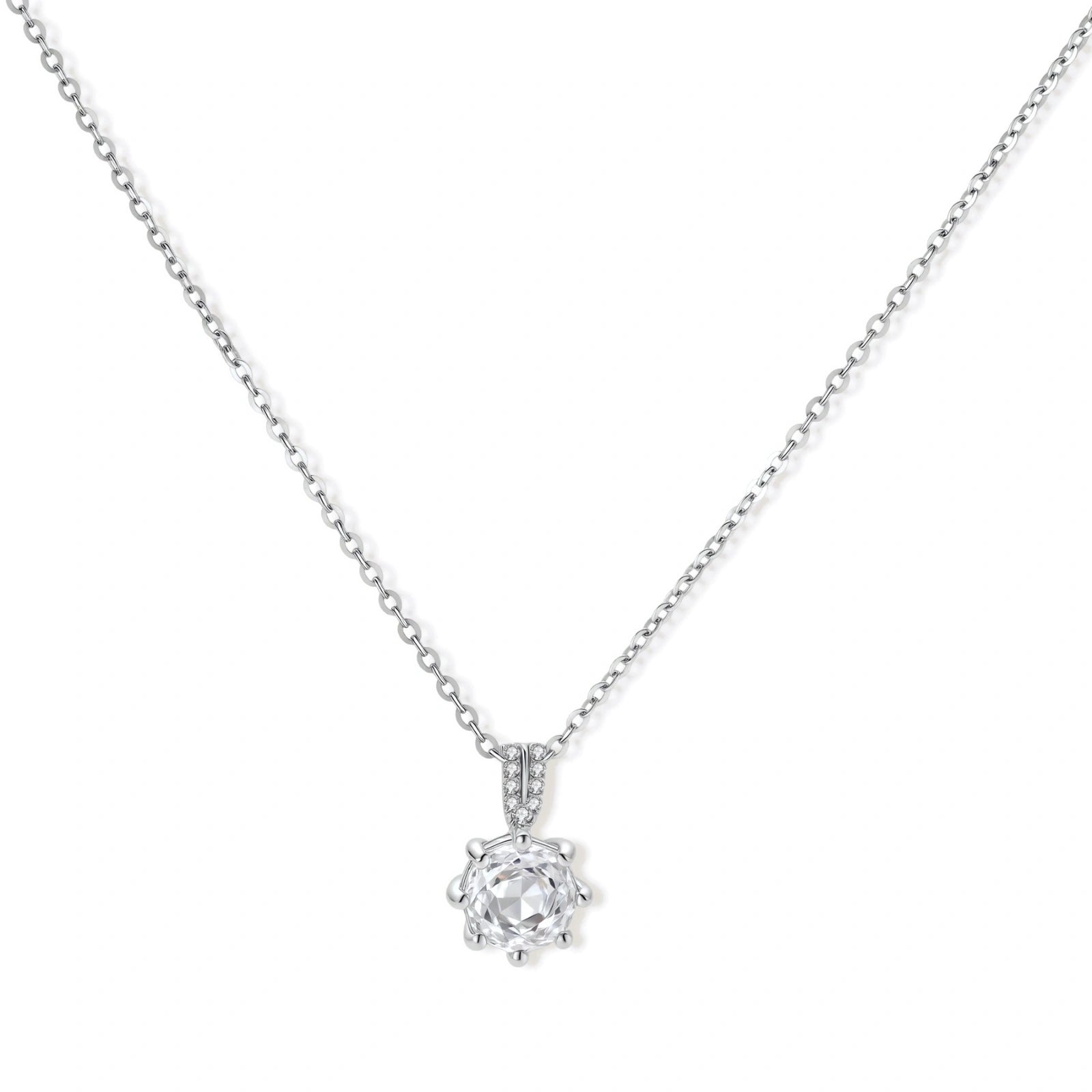 Platinum-plated sterling silver necklace with round clear crystal pendant and decorative bail on neutral background.