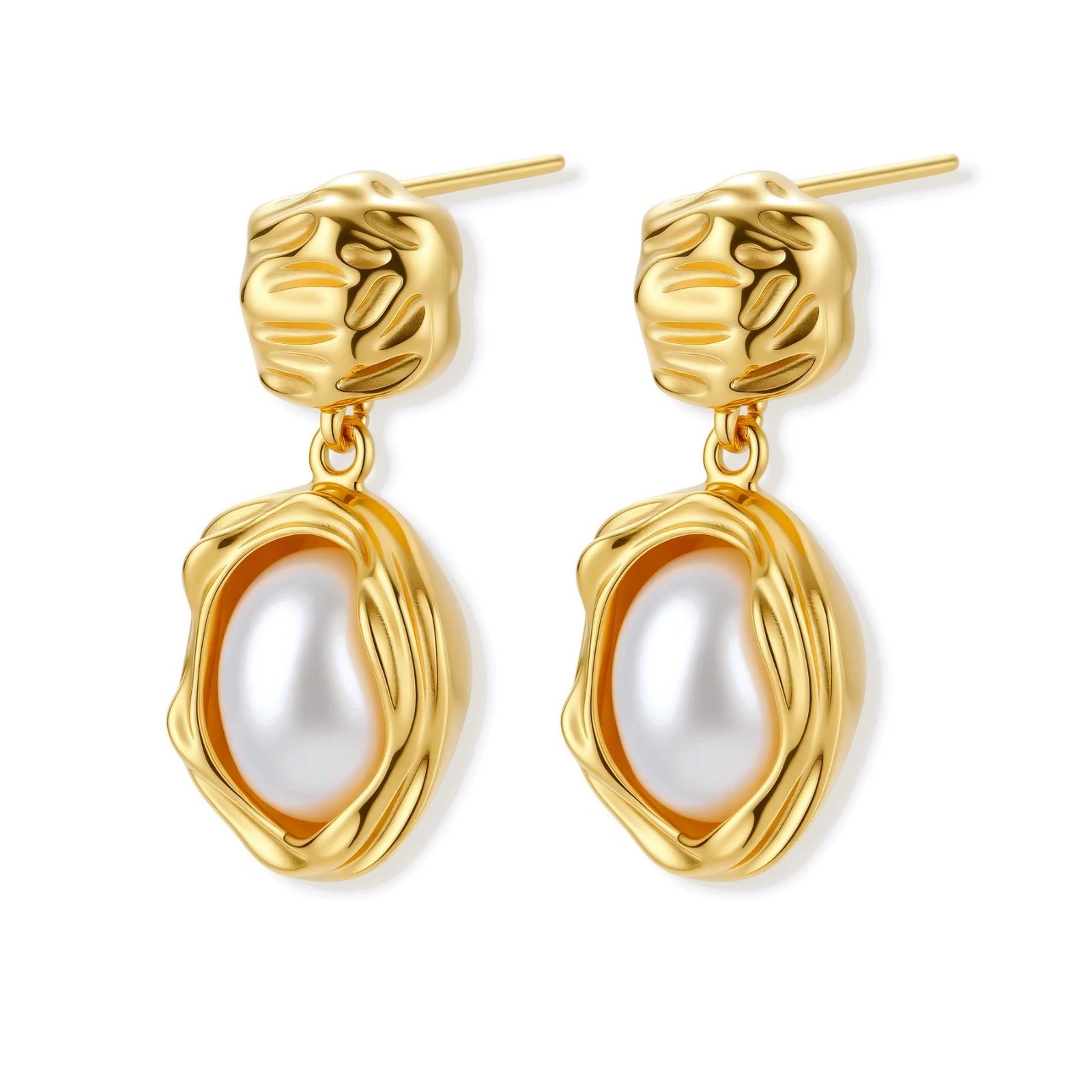 Gold-plated textured stud earrings with white freshwater pearl drops against cream background, showing organic rippled design