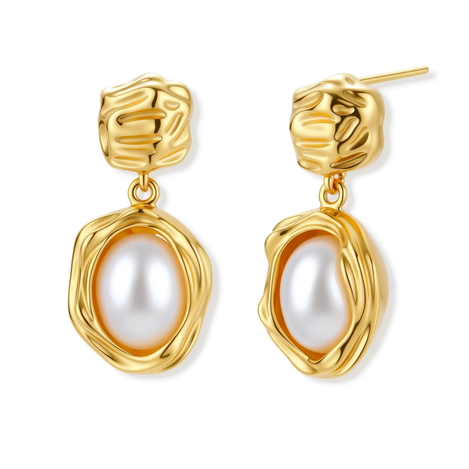 Gold-plated textured stud earrings with white freshwater pearl drops against cream background, showing organic rippled design