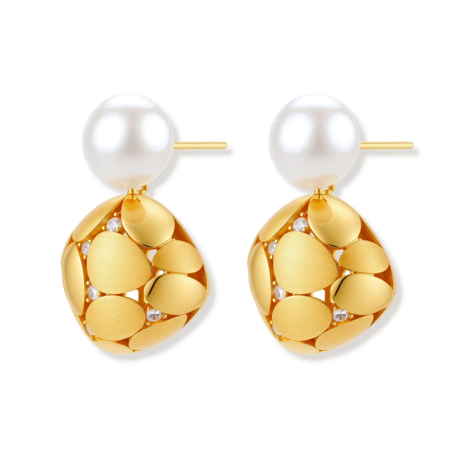 Gold-plated sterling silver drop earrings with white freshwater pearl studs and overlapping petal design with crystal accents