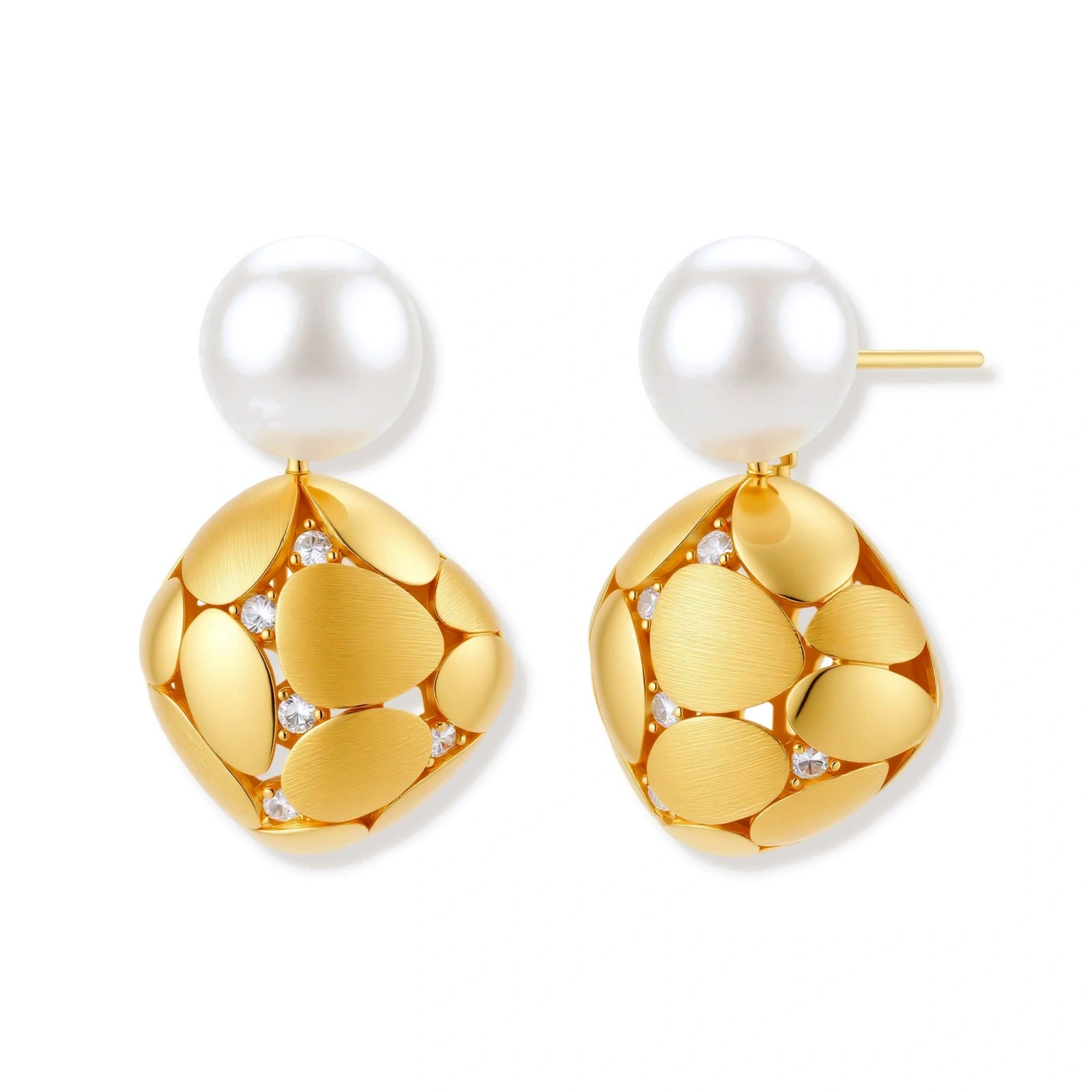 Gold-plated sterling silver drop earrings with white freshwater pearl studs and overlapping petal design with crystal accents