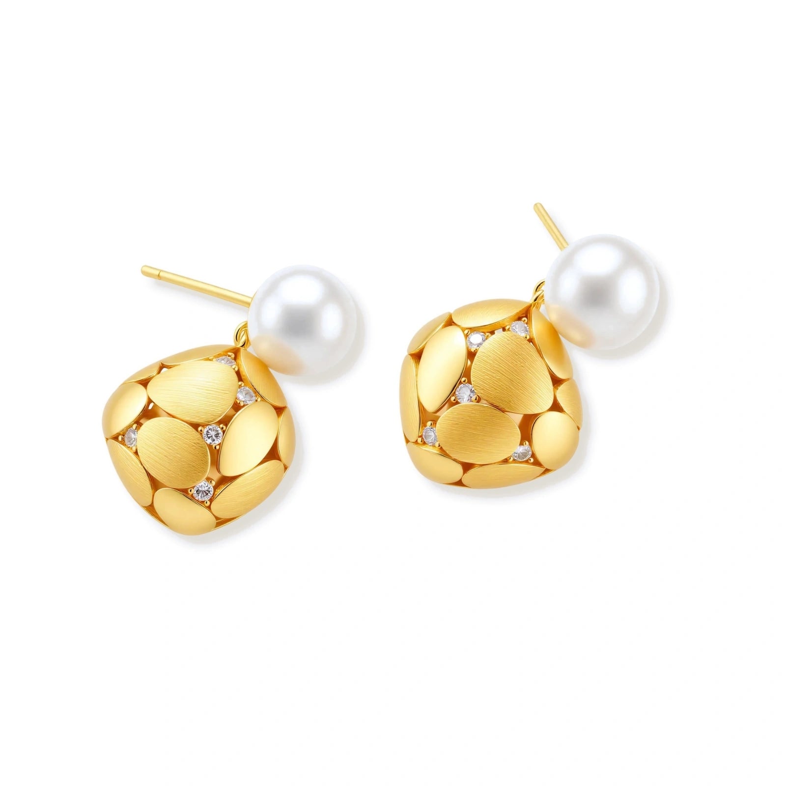 Gold-plated sterling silver drop earrings with white freshwater pearl studs and overlapping petal design with crystal accents