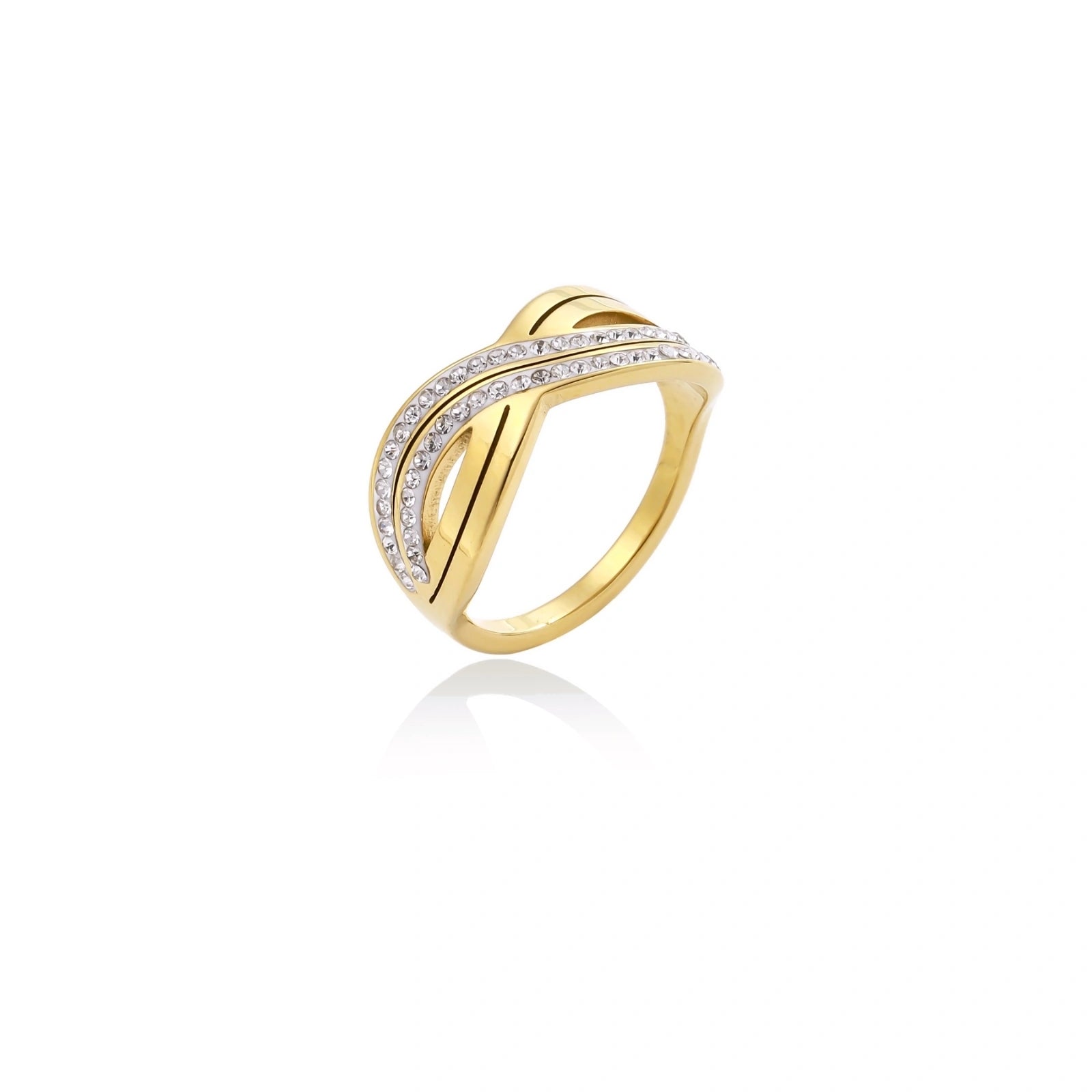 Gold-plated ring with interweaving wave bands and two rows of clear rhinestones creating an infinity pattern
