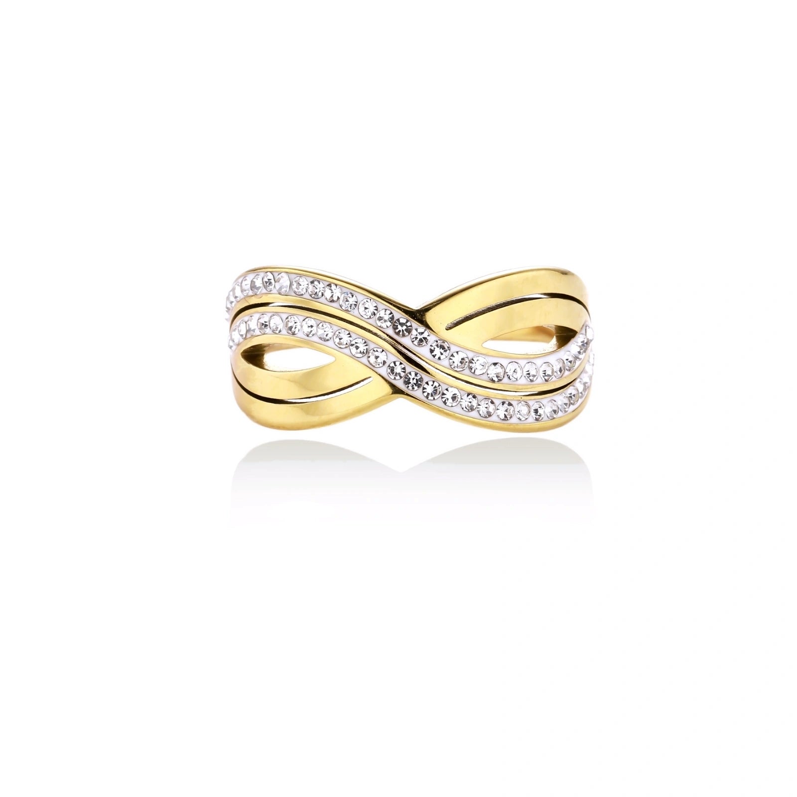 Gold-plated ring with interweaving wave bands and two rows of clear rhinestones creating an infinity pattern