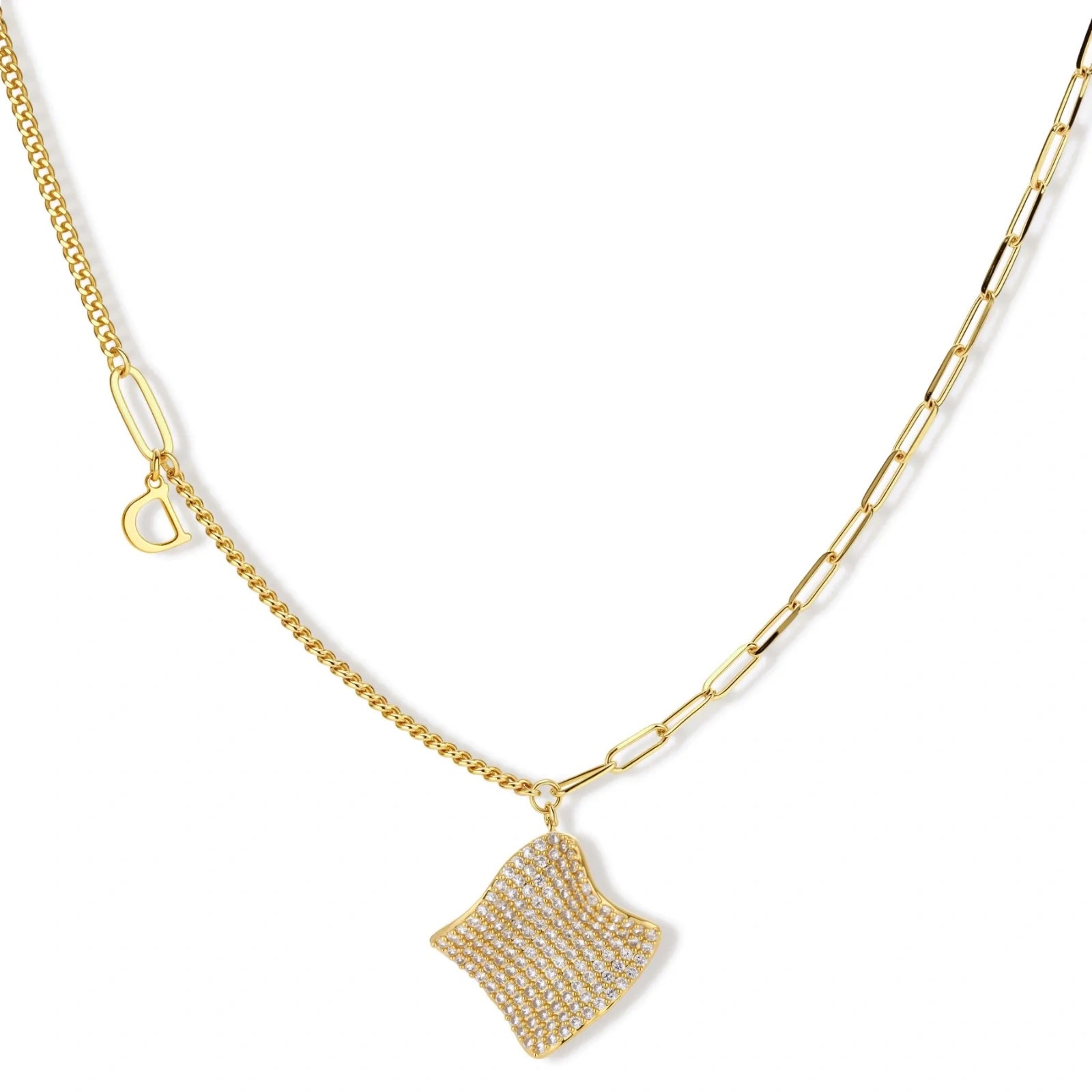 Gold-plated wavy jewelry set with crystal detailing featuring necklace with dual chains and matching textured earrings