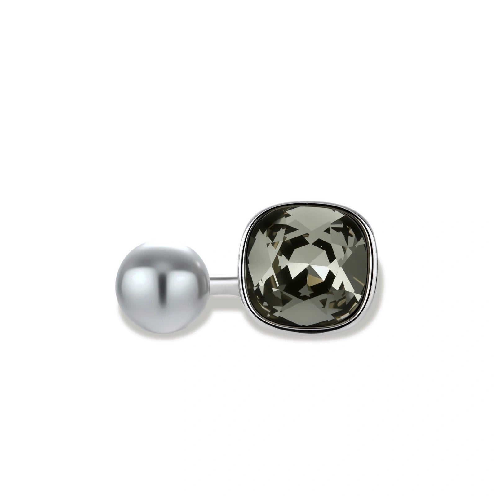 Modern adjustable ring with smoky zircon stone and metallic sphere in platinum-plated copper finish on neutral background.