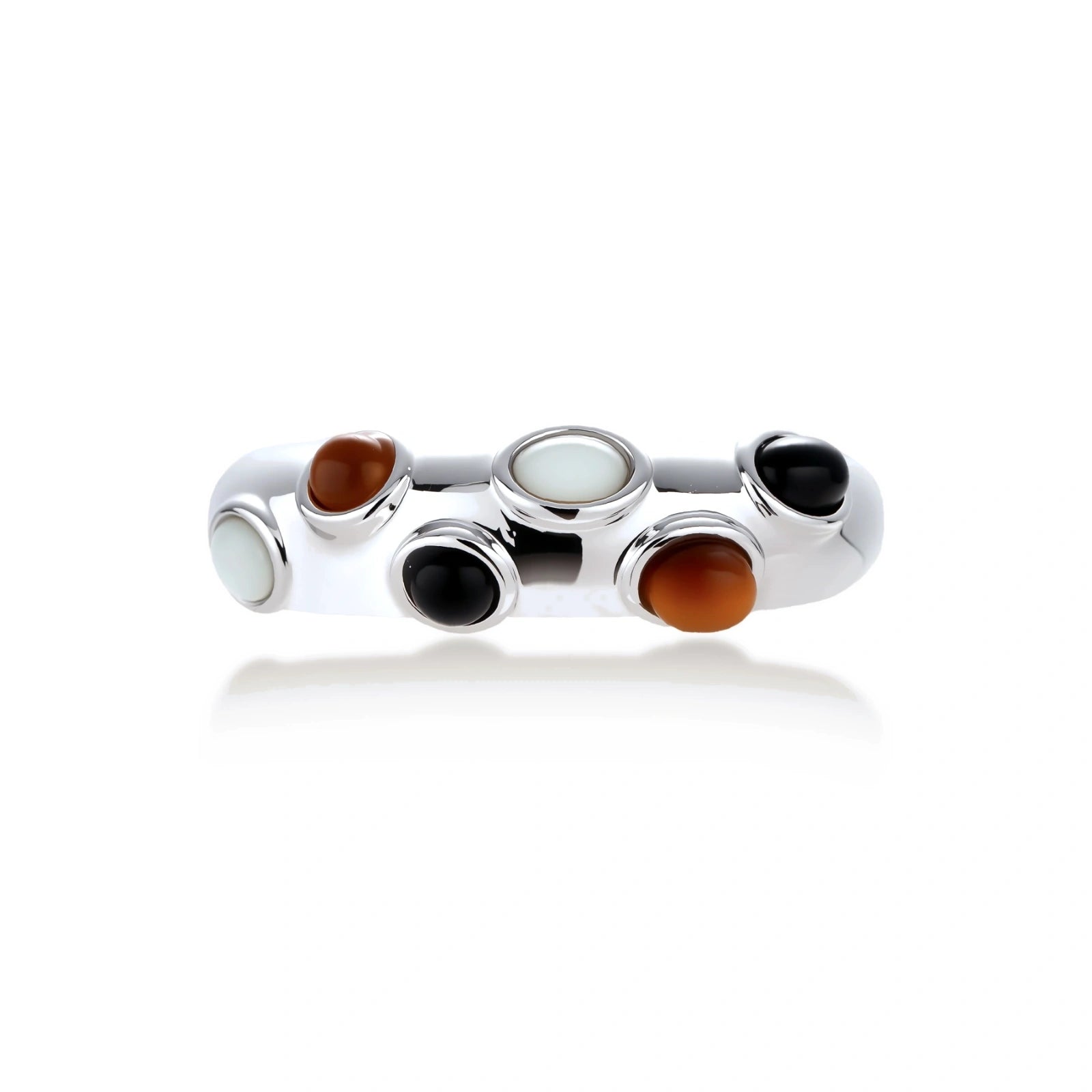Adjustable platinum-plated ring with multiple oval cabochon stones in black, amber, and white tones on neutral background.