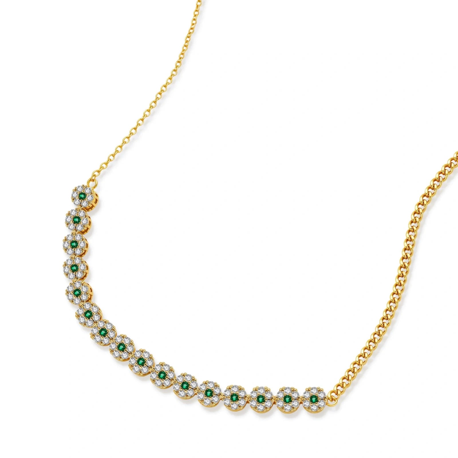 Gold-plated jewelry set with green cubic zirconia floral motifs, featuring matching necklace and pearl drop earrings