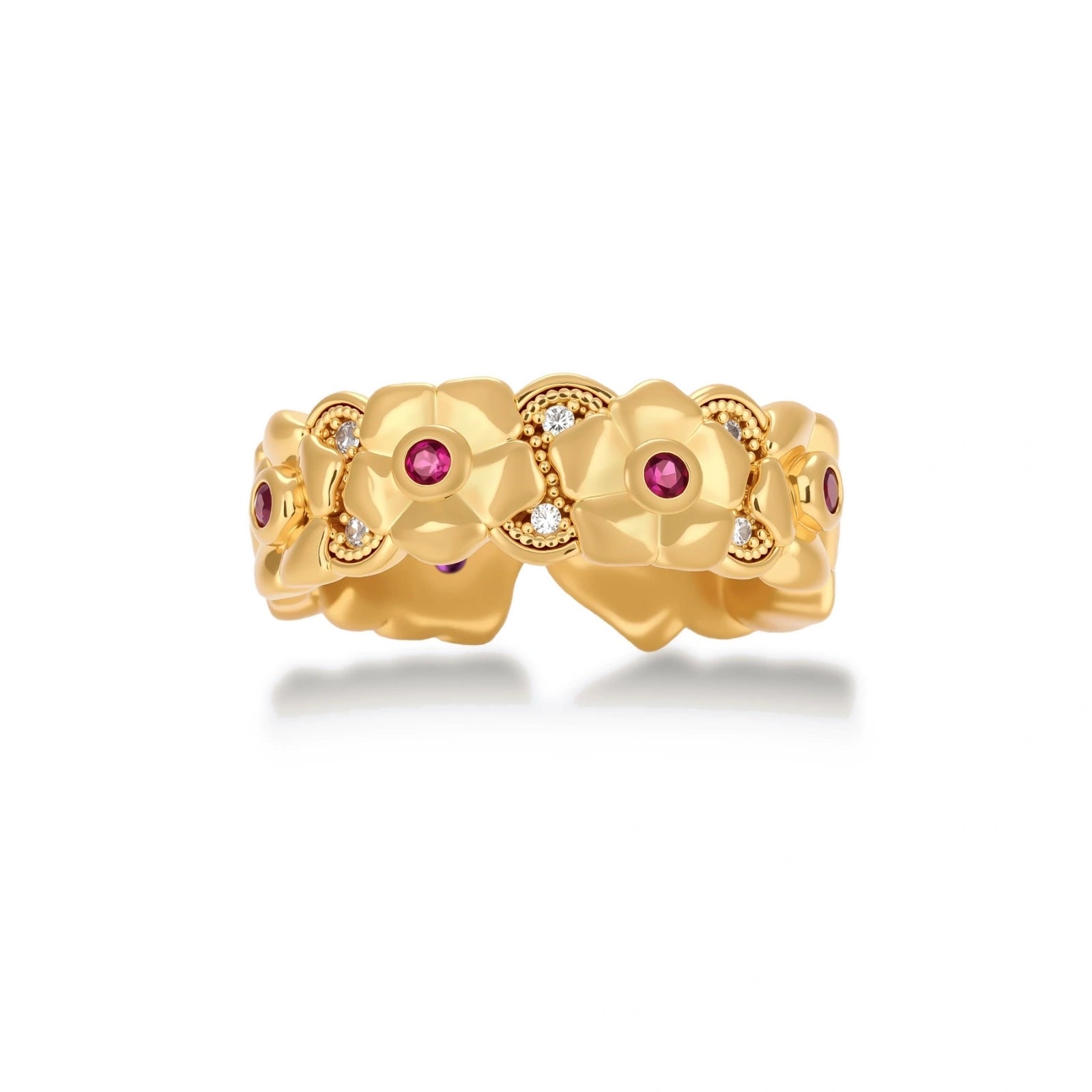 Adjustable gold-plated ring with burgundy zirconia centered flowers and crystal accents on cream background.