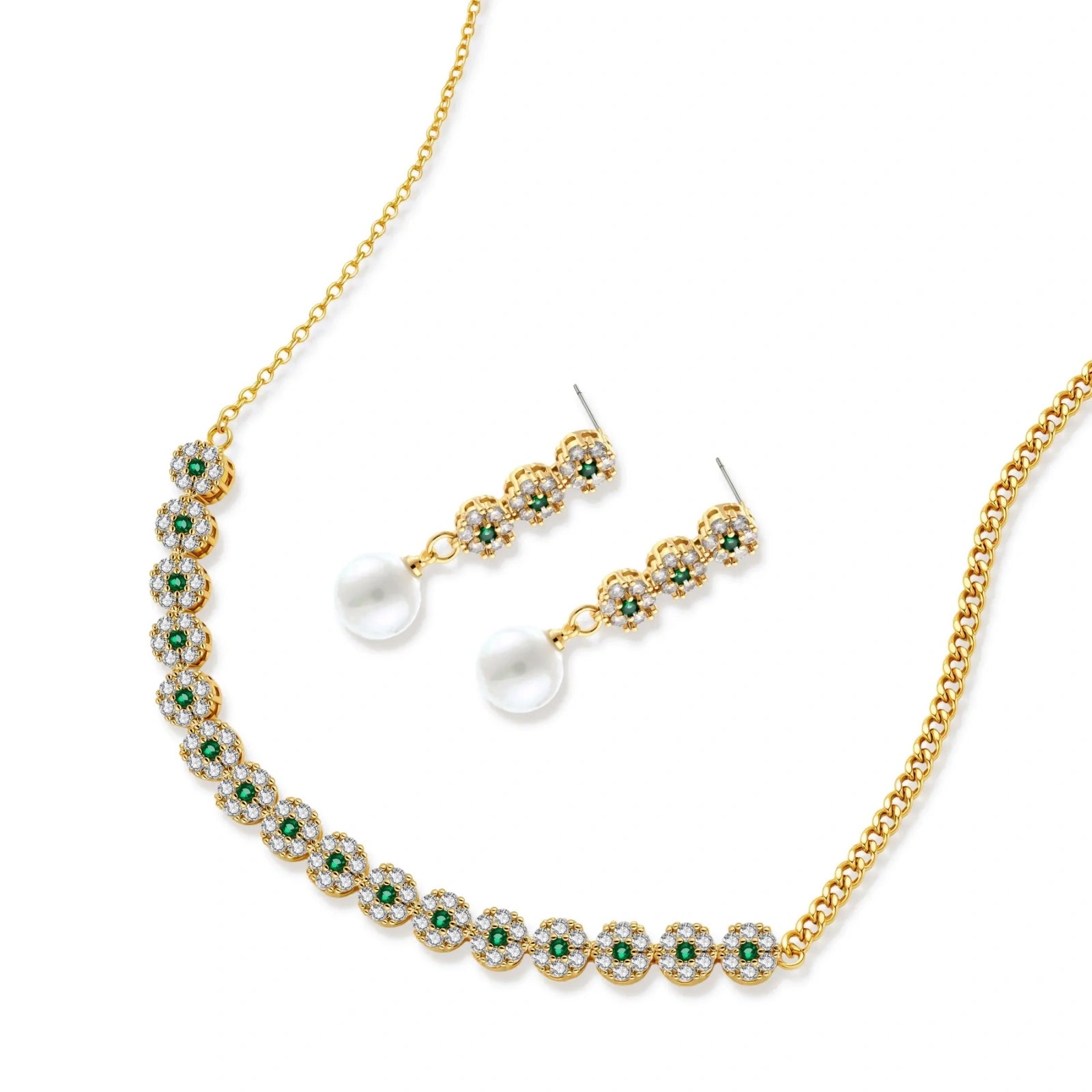 Gold-plated jewelry set with green cubic zirconia floral motifs, featuring matching necklace and pearl drop earrings
