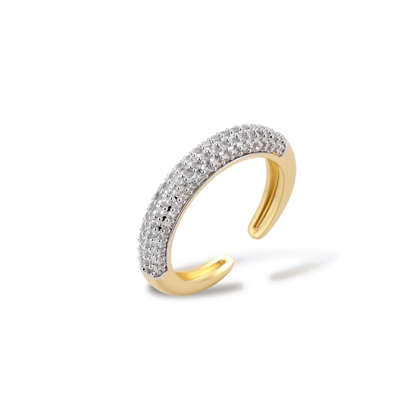 Gold-plated curved necklace, hoop earrings, and adjustable ring with pavé cubic zirconia stones on cream background.