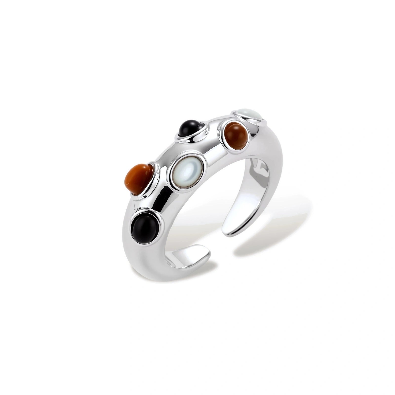 Adjustable platinum-plated ring with multiple oval cabochon stones in black, amber, and white tones on neutral background.