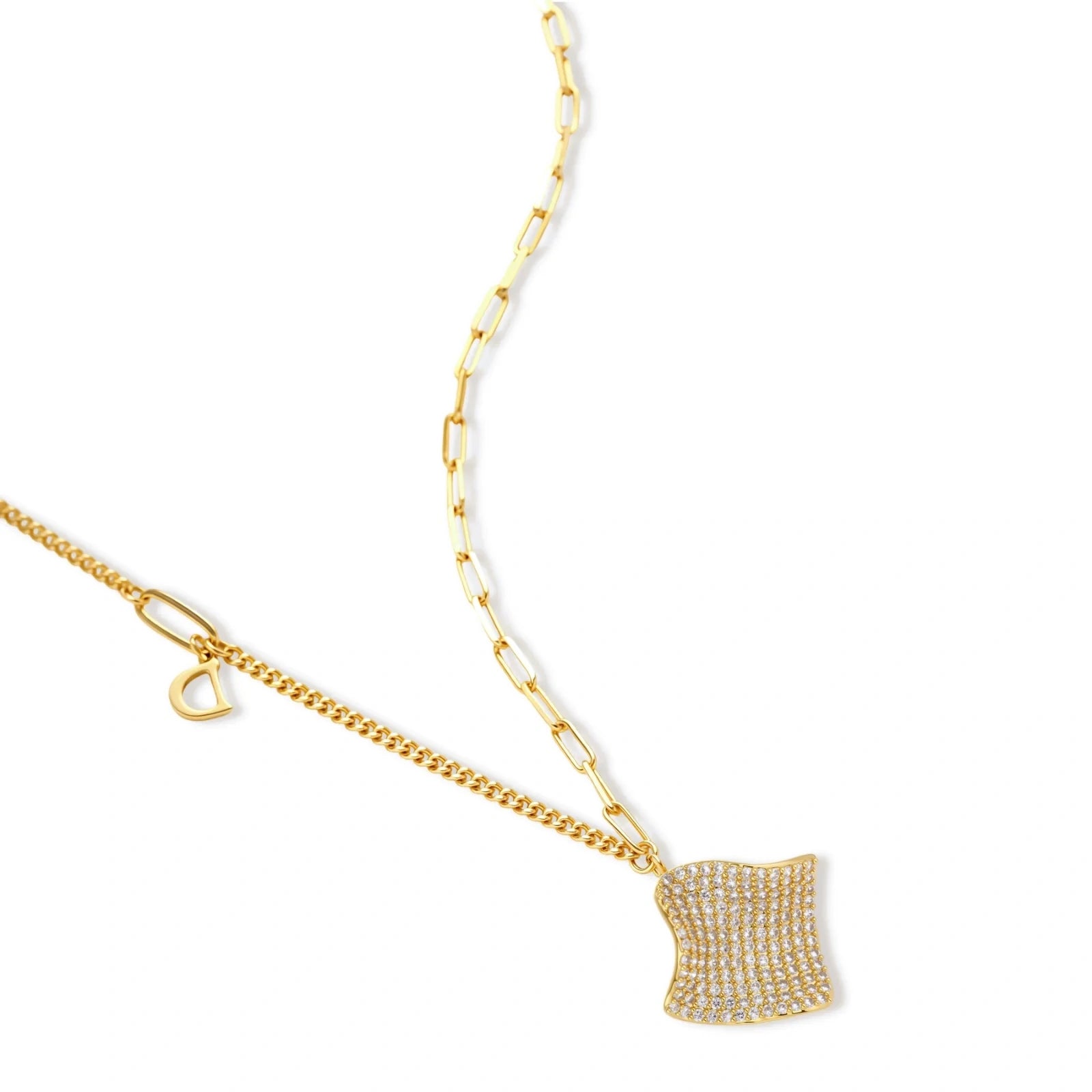 Gold-plated wavy jewelry set with crystal detailing featuring necklace with dual chains and matching textured earrings
