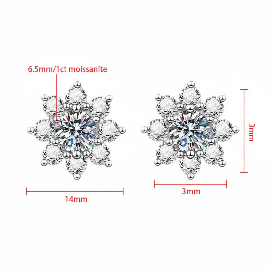 Moissanite Snowflake Sunflower Earrings in 925 Silver – Elegant Floral Studs Gift for Women