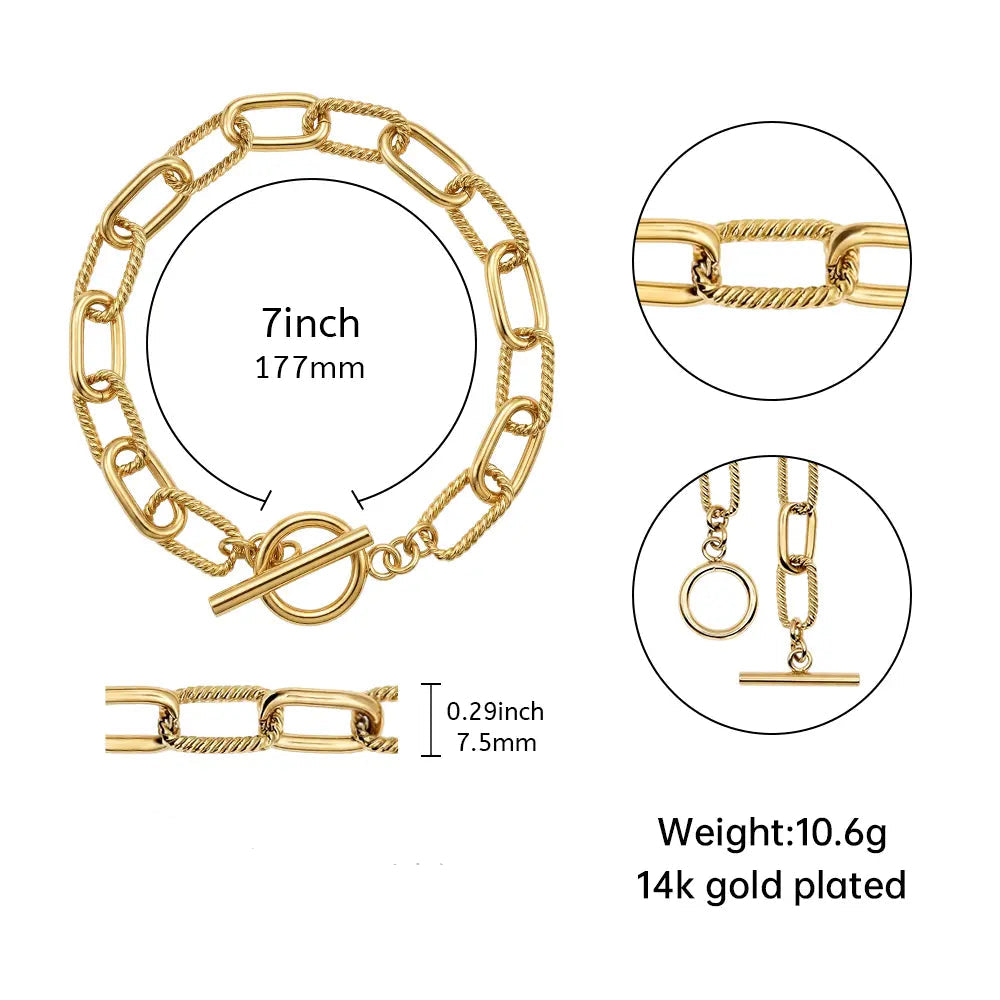 4Pcs Minimalist Gold-Plated Layered Bracelet Set Chunky Paperclip & Toggle Clasp Chain Bracelets for Women