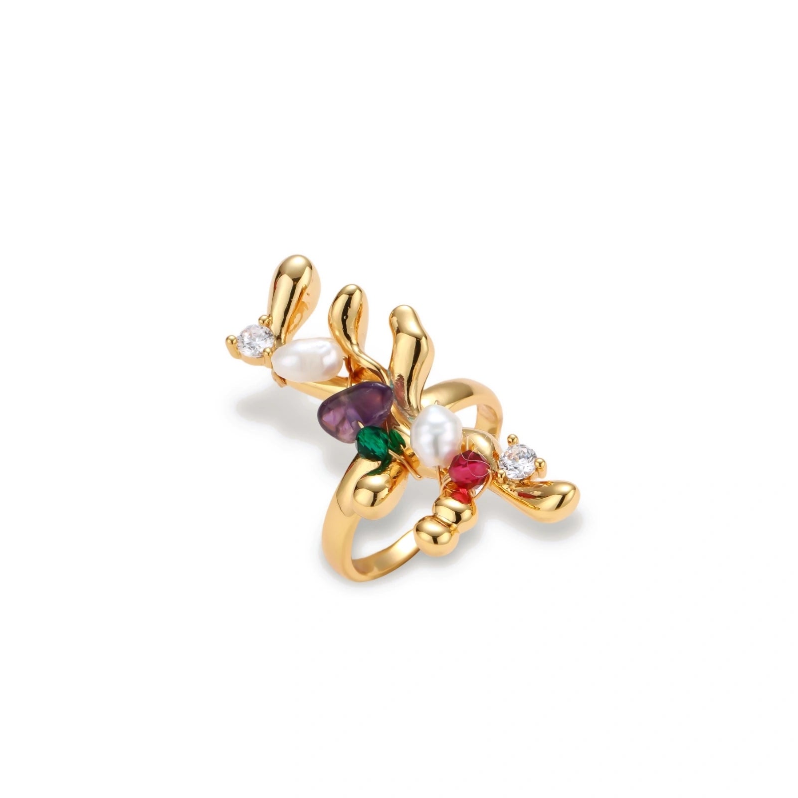 Gold-plated adjustable ring with organic floral design featuring multicolored natural stones and freshwater pearls.