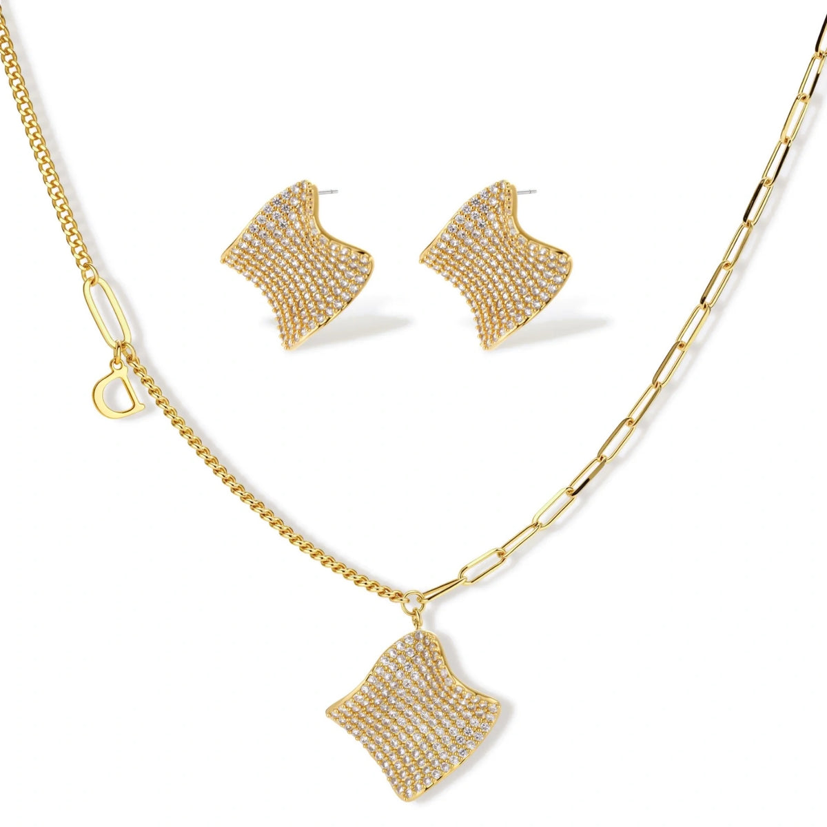 Wave Zirconia Necklace & Earring Set – Gold-Plated